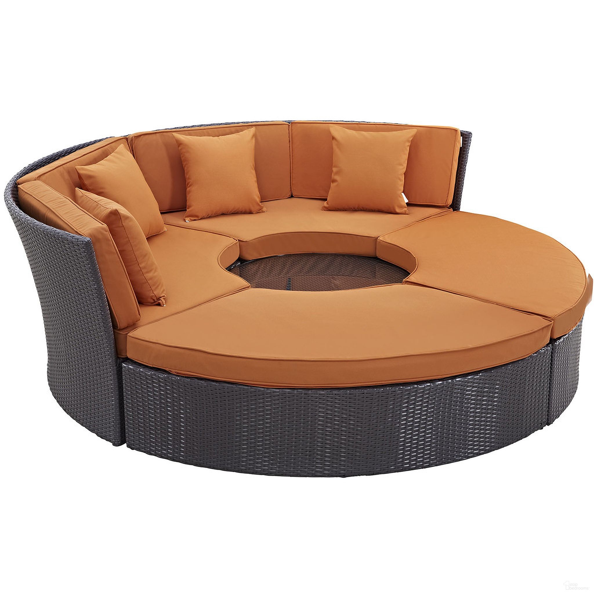 The appearance of Convene Circular Outdoor Patio Daybed Set In Espresso Orange designed by Modway in the modern / contemporary interior design. This espresso orange piece of furniture  was selected by 1StopBedrooms from Convene Collection to add a touch of cosiness and style into your home. Sku: EEI-956-EXP;EEI-956-EXP-ORA;EEI-956-EXP-ORA. Material: Rattan.