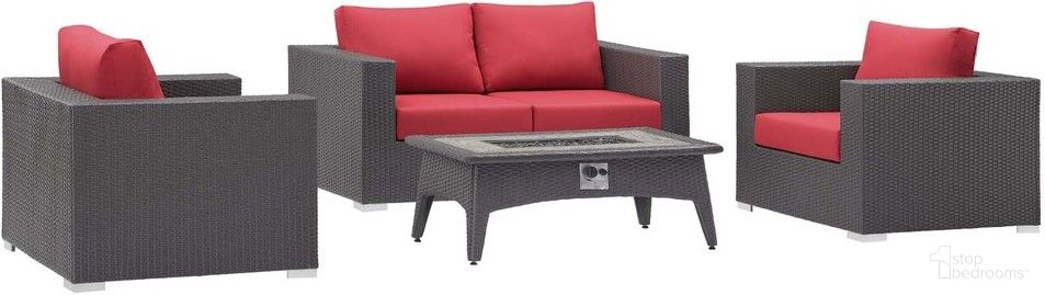 The appearance of Convene 4-Piece Set Outdoor Patio With Fire Pit In Espresso Red designed by Modway in the modern / contemporary interior design. This espresso red piece of furniture was selected by 1StopBedrooms from Convene Collection to add a touch of cosiness and style into your home. Sku: EEI-1906-EXP-RED-Y;EEI-1907-EXP-RED-Y;EEI-2991-EXP;EEI-1906-EXP-RED-Y. Material: Rattan.