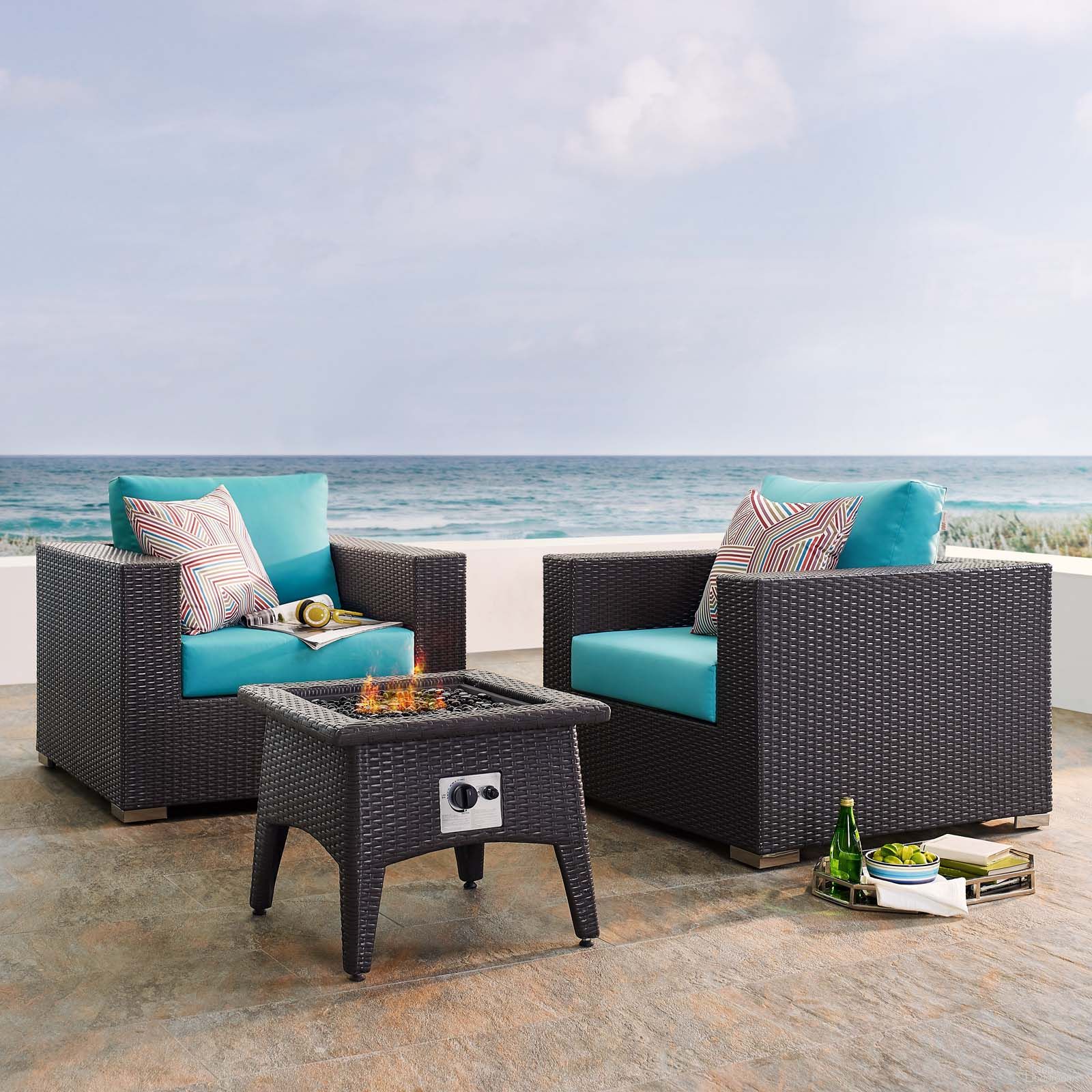 Convene Espresso Turquois 3 Piece Set Outdoor Patio with Fire Pit