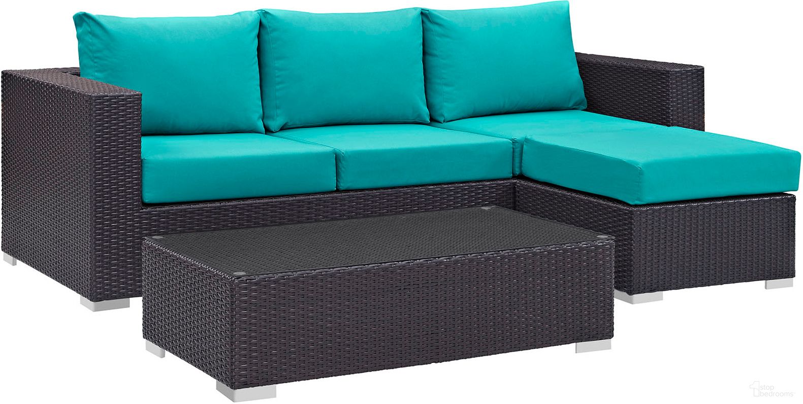 The appearance of Convene Espresso Turquoise 3 Piece Outdoor Patio Sofa Set EEI-2178-EXP-TRQ-SET designed by Modway in the modern / contemporary interior design. This espresso turquoise piece of furniture was selected by 1StopBedrooms from Convene Collection to add a touch of cosiness and style into your home. Sku: EEI-1844-EXP-TRQ-Y;EEI-1908-EXP-Y;EEI-1911-EXP-TRQ-Y. Material: Polyester.