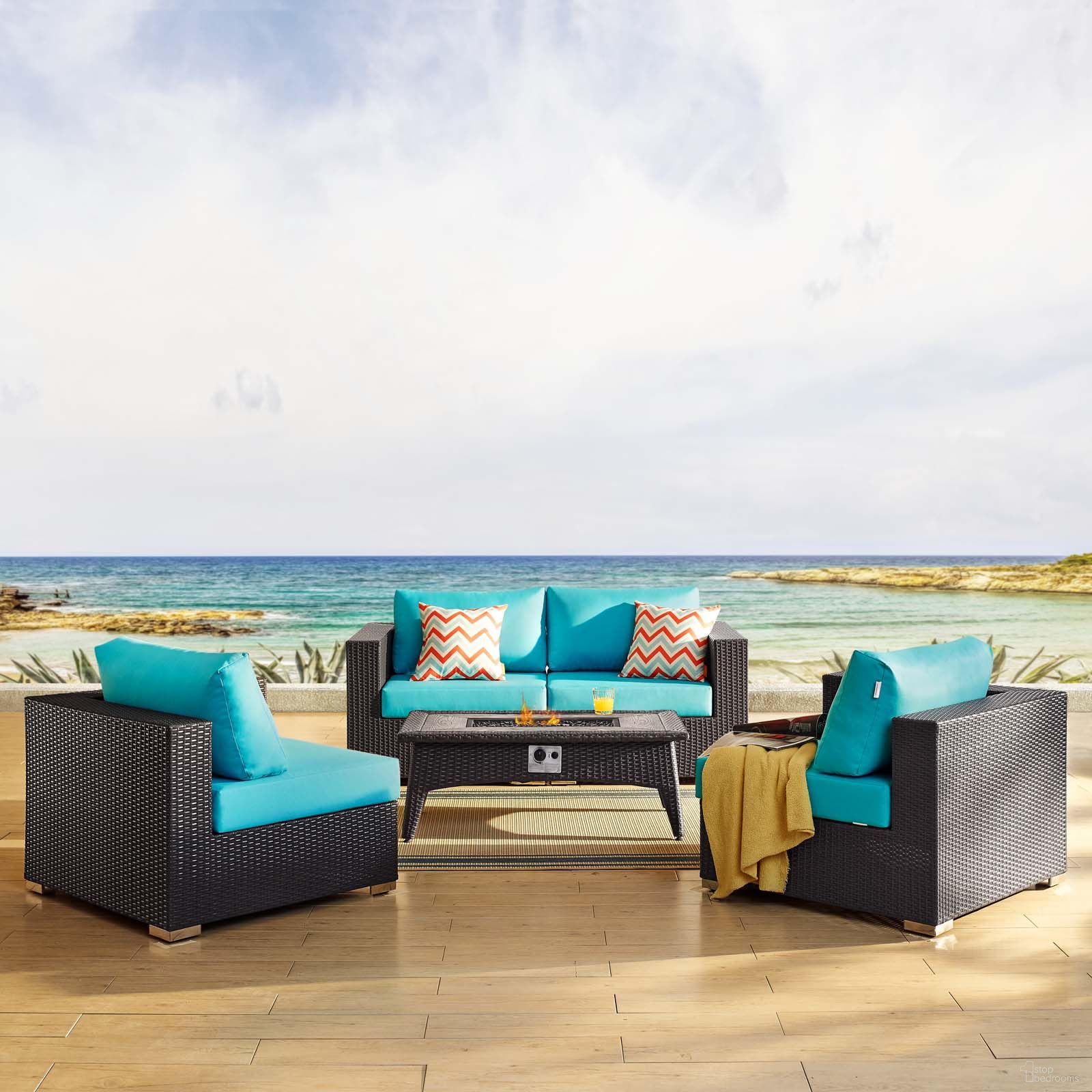 Convene Espresso Turquoise 5 Piece Set Outdoor Patio with Fire Pit