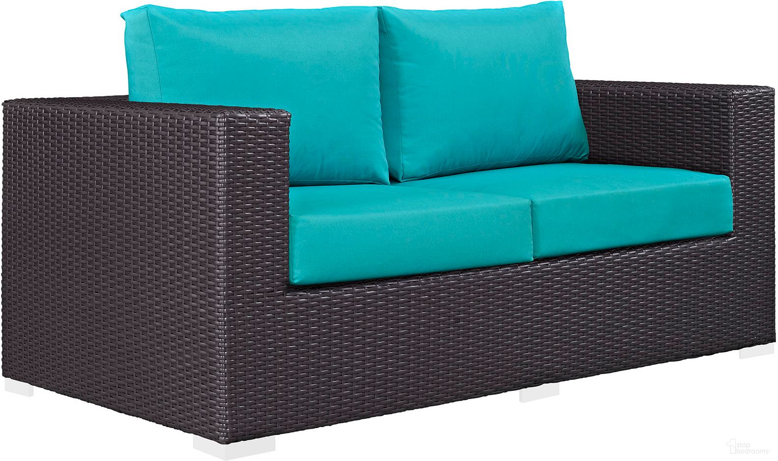 The appearance of Convene Espresso Turquoise Outdoor Patio Loveseat designed by Modway in the modern / contemporary interior design. This espresso turquoise piece of furniture was selected by 1StopBedrooms from Convene Collection to add a touch of cosiness and style into your home. Sku: EEI-1907-EXP-TRQ. Material: Polyester.