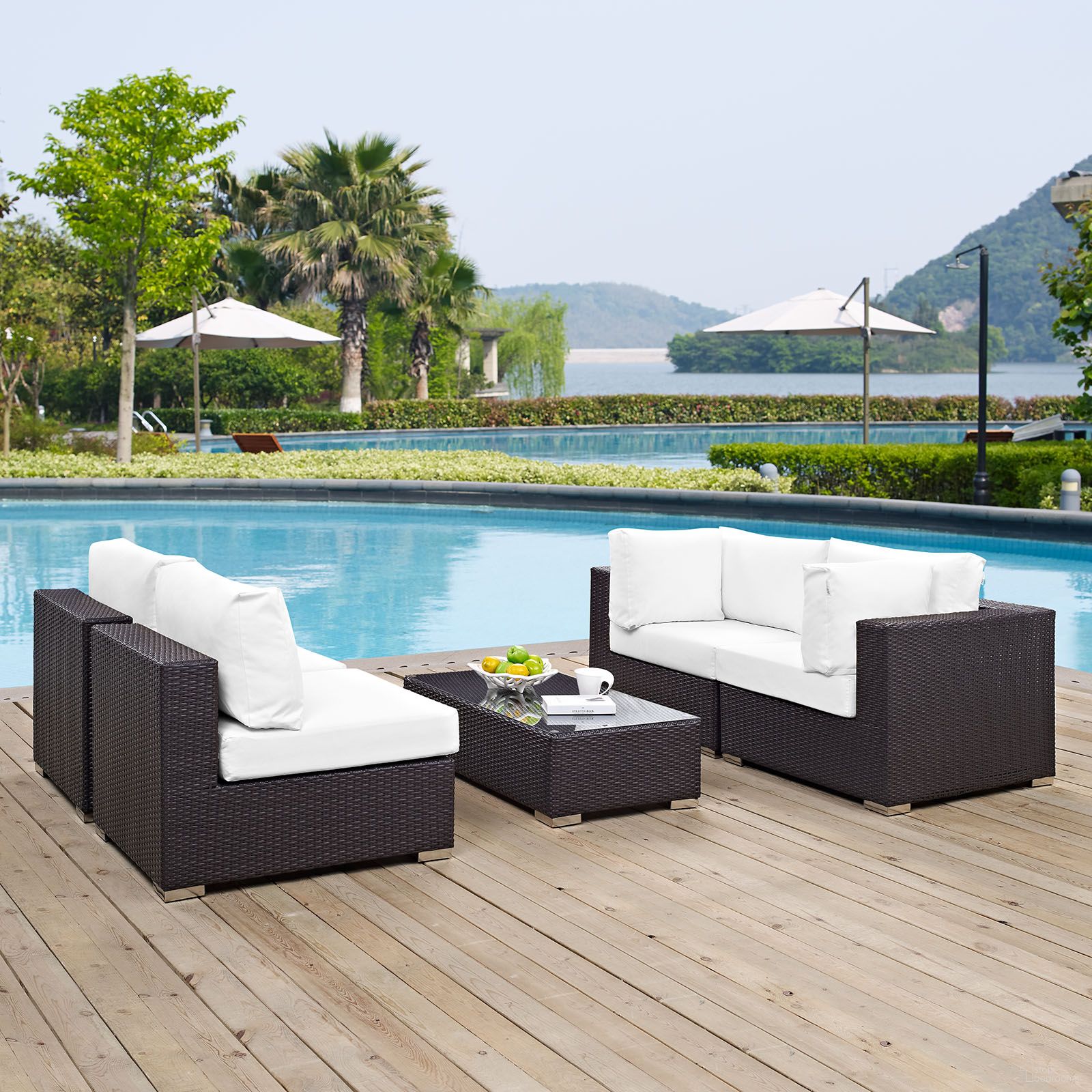 The appearance of Convene Espresso White 5 Piece Outdoor Patio Sectional Set EEI-2163-EXP-WHI-SET designed by Modway in the modern / contemporary interior design. This espresso white piece of furniture  was selected by 1StopBedrooms from Convene Collection to add a touch of cosiness and style into your home. Sku: EEI-2163-EXP-WHI-SET. Material: Steel.