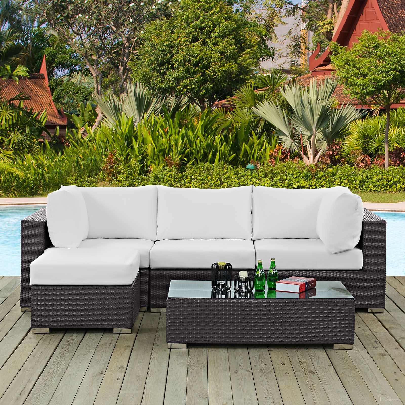 The appearance of Convene Espresso White 5 Piece Outdoor Patio Sectional Set EEI-2172-EXP-WHI-SET designed by Modway in the modern / contemporary interior design. This espresso white piece of furniture  was selected by 1StopBedrooms from Convene Collection to add a touch of cosiness and style into your home. Sku: EEI-1840-EXP-WHI-Y;EEI-1908-EXP-Y;EEI-1910-EXP-WHI-Y;EEI-1911-EXP-WHI-Y;EEI-1840-EXP-WHI-Y. Material: Steel.