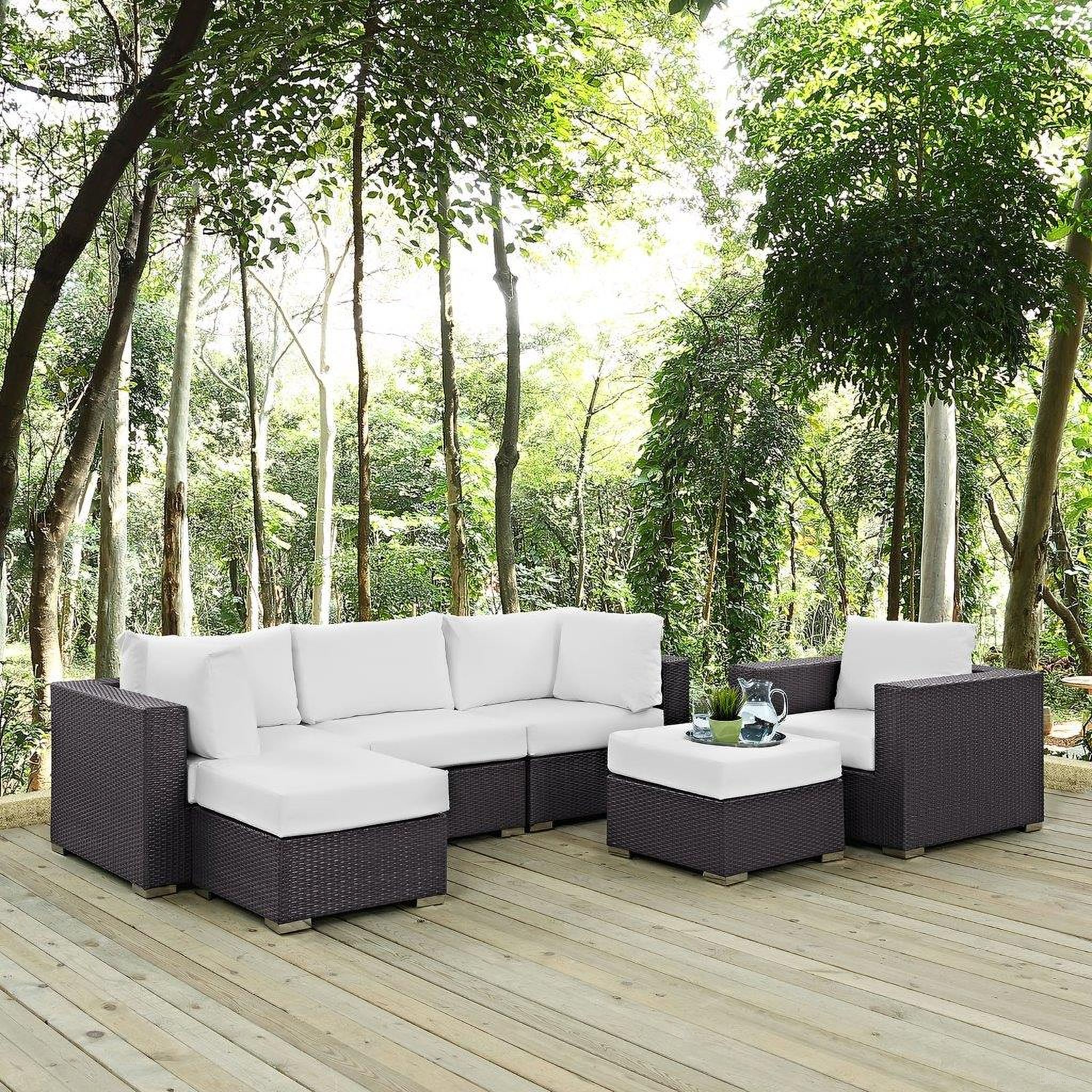 The appearance of Convene Espresso White 6 Piece Outdoor Patio Sectional Set EEI-2207-EXP-WHI-SET designed by Modway in the modern / contemporary interior design. This espresso white piece of furniture was selected by 1StopBedrooms from Convene Collection to add a touch of cosiness and style into your home. Sku: EEI-1840-EXP-WHI-Y;EEI-1906-EXP-WHI-Y;EEI-1910-EXP-WHI-Y;EEI-1911-EXP-WHI-Y;EEI-1840-EXP-WHI-Y;EEI-1911-EXP-WHI-Y. Material: Steel.