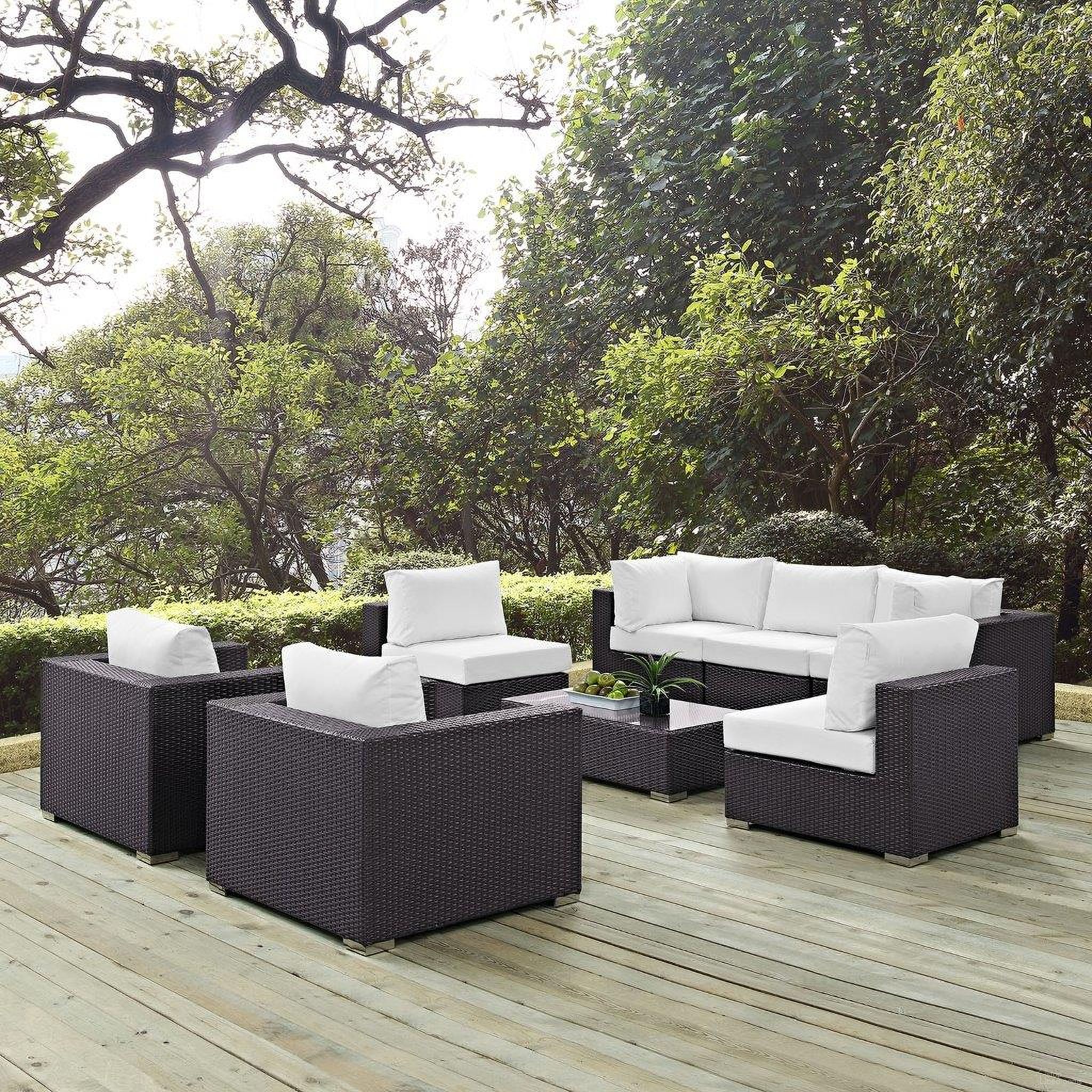 The appearance of Convene Espresso White 8 Piece Outdoor Patio Sectional Set EEI-2203-EXP-WHI-SET designed by Modway in the modern / contemporary interior design. This espresso white piece of furniture was selected by 1StopBedrooms from Convene Collection to add a touch of cosiness and style into your home. Sku: EEI-1840-EXP-WHI-Y;EEI-1906-EXP-WHI-Y;EEI-1908-EXP-Y;EEI-1910-EXP-WHI-Y;EEI-1840-EXP-WHI-Y;EEI-1906-EXP-WHI-Y;EEI-1910-EXP-WHI-Y;EEI-1910-EXP-WHI-Y. Material: Steel.