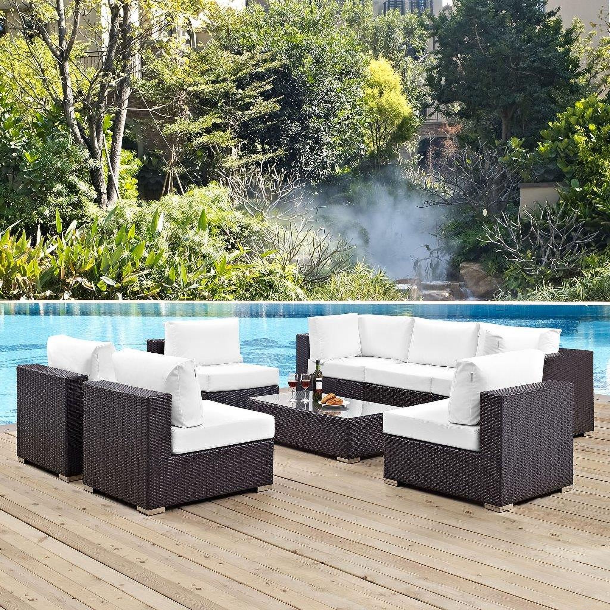The appearance of Convene Espresso White 8 Piece Outdoor Patio Sectional Set EEI-2205-EXP-WHI-SET designed by Modway in the modern / contemporary interior design. This espresso white piece of furniture was selected by 1StopBedrooms from Convene Collection to add a touch of cosiness and style into your home. Sku: EEI-1840-EXP-WHI-Y;EEI-1908-EXP-Y;EEI-1910-EXP-WHI-Y;EEI-1840-EXP-WHI-Y;EEI-1910-EXP-WHI-Y;EEI-1910-EXP-WHI-Y;EEI-1910-EXP-WHI-Y;EEI-1910-EXP-WHI-Y. Material: Steel.