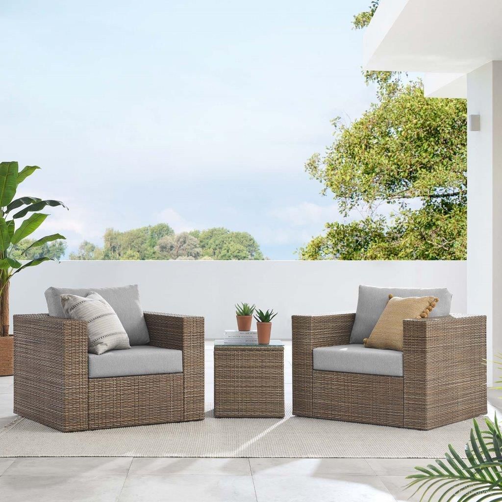 The appearance of Convene Outdoor Patio 3 Piece Furniture Set In Cappuccino Gray designed by Modway in the transitional interior design. This cappuccino gray piece of furniture was selected by 1StopBedrooms from Convene Collection to add a touch of cosiness and style into your home. Sku: EEI-6240;EEI-6326-CAP-GRY;EEI-6326-CAP-GRY. Material: Aluminum.