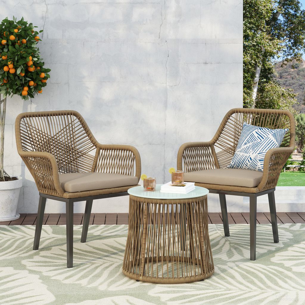 The appearance of Conversation Set with Tempered Glass Table Top In Light Brown designed by Noble House in the country / farmhouse interior design. This light brown piece of furniture was selected by 1StopBedrooms from to add a touch of cosiness and style into your home. Sku: 71356.00LBRN. Material: PE Rattan.
