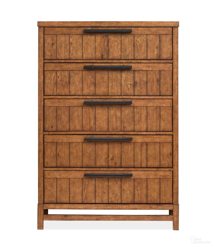 The appearance of Conway Drawer Chest In Honey Wheat designed by Magnussen in the transitional interior design. This honey wheat piece of furniture  was selected by 1StopBedrooms from Conway Collection to add a touch of cosiness and style into your home. Sku: B6422-10. Material: Oak Veneer.