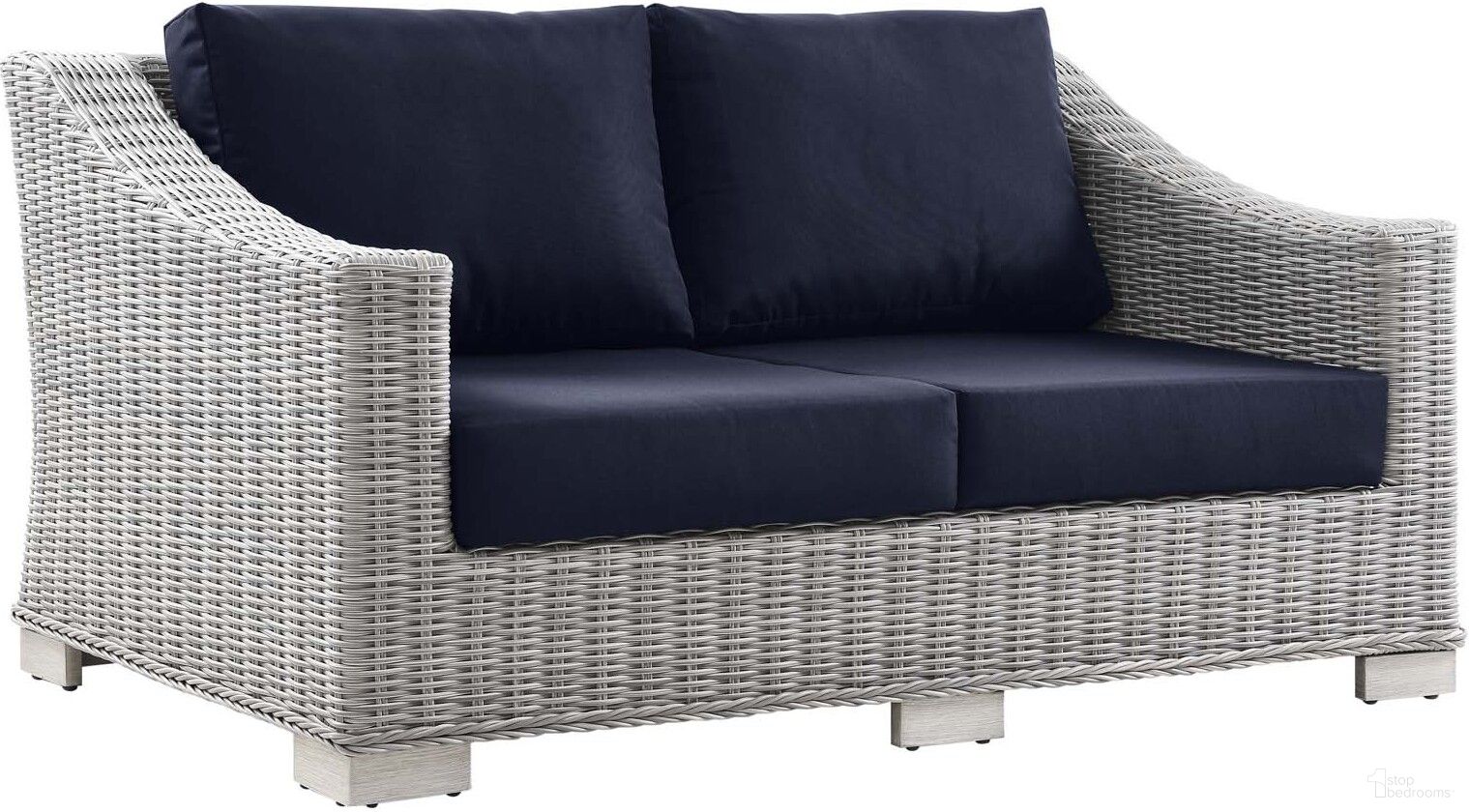 The appearance of Conway Outdoor Patio Wicker Rattan Loveseat In Light Gray Navy designed by Modway in the modern / contemporary interior design. This light gray navy piece of furniture  was selected by 1StopBedrooms from Conway Collection to add a touch of cosiness and style into your home. Sku: EEI-3973-LGR;EEI-4606-NAV-COVER-N;EEI-4606-NAV-COVER-N. Material: Aluminium.