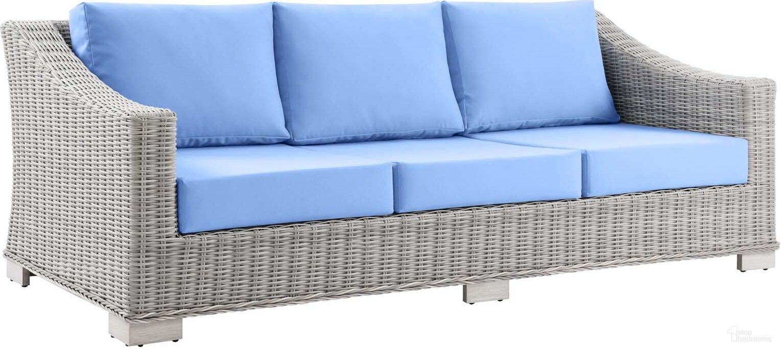 The appearance of Conway Outdoor Patio Wicker Rattan Sofa In Gray and Blue designed by Modway in the modern / contemporary interior design. This gray and blue piece of furniture  was selected by 1StopBedrooms from Conway Collection to add a touch of cosiness and style into your home. Sku: EEI-3974-LGR;EEI-4606-LBU-COVER;EEI-4606-LBU-COVER;EEI-4606-LBU-COVER. Material: Aluminium.
