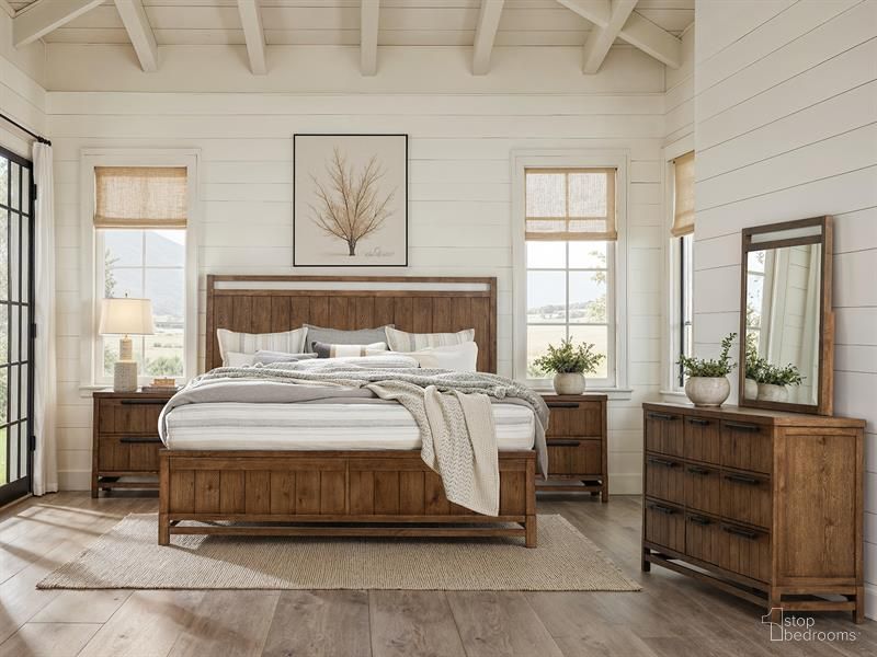 The appearance of Conway Panel Bedroom Set In Honey Wheat designed by Magnussen in the transitional interior design. This honey wheat piece of furniture  was selected by 1StopBedrooms from Conway Collection to add a touch of cosiness and style into your home. Sku: B6422-54H;B6422-54F;B6422-54R;B6422-01. Bed Size: King. Material: Oak Veneer.