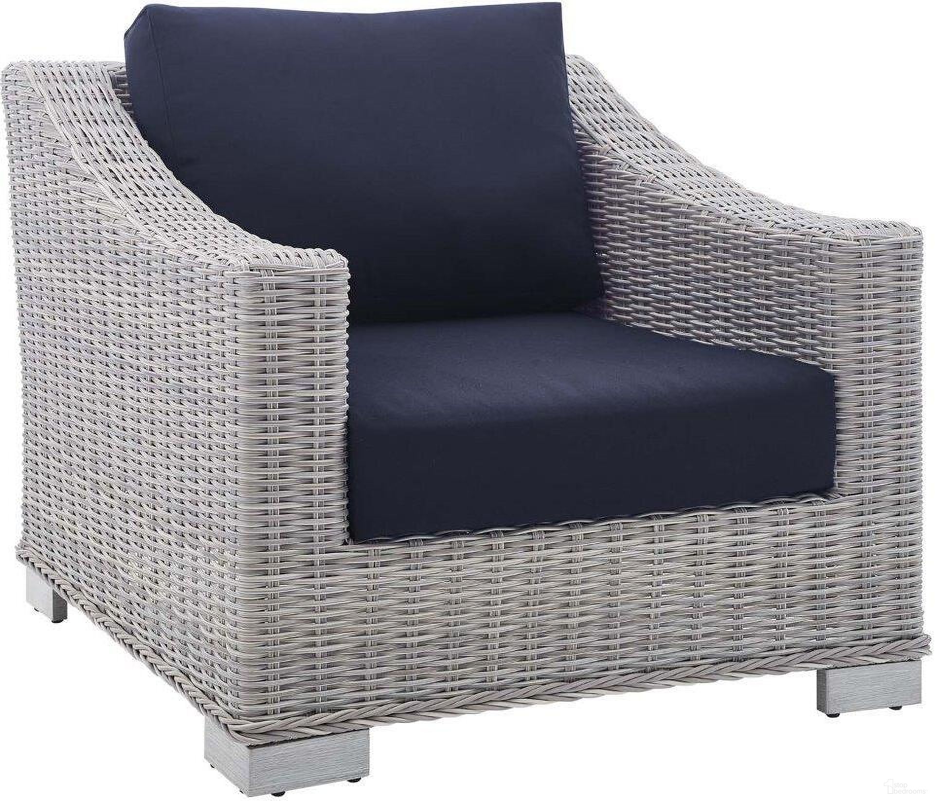 The appearance of Conway Sunbrella Outdoor Patio Wicker Rattan Armchair In Light Gray/Navy designed by Modway in the modern / contemporary interior design. This light gray navy piece of furniture  was selected by 1StopBedrooms from Conway Collection to add a touch of cosiness and style into your home. Sku: EEI-3972-LGR;EEI-3977-NAV-COVER. Material: Foam.