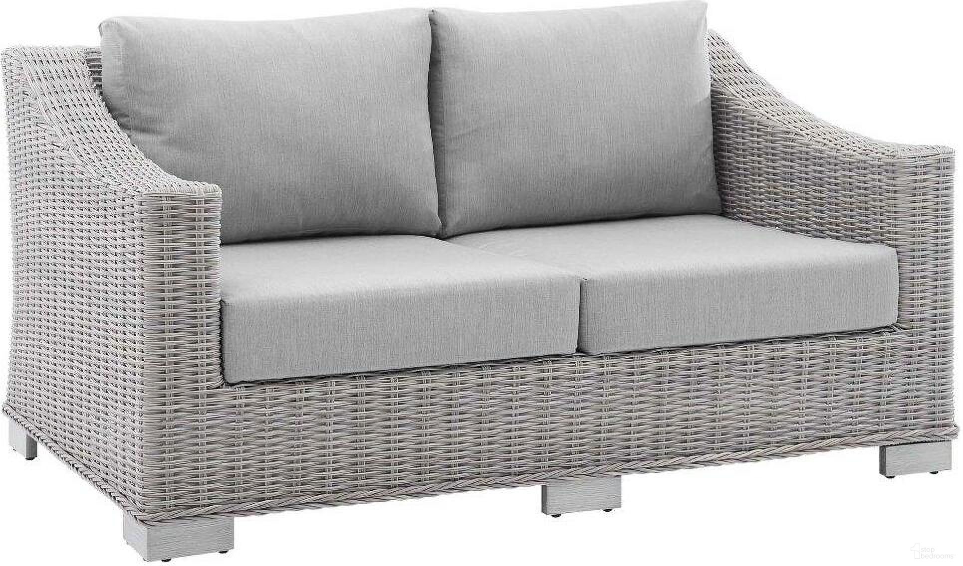 The appearance of Conway Sunbrella Outdoor Patio Wicker Rattan Loveseat In Light Gray designed by Modway in the modern / contemporary interior design. This light gray piece of furniture  was selected by 1StopBedrooms from Conway Collection to add a touch of cosiness and style into your home. Sku: EEI-3973-LGR;EEI-3977-GRY-COVER;EEI-3977-GRY-COVER. Material: Aluminum.