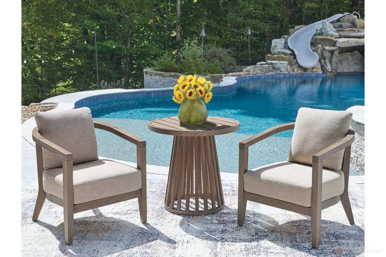 The appearance of Cool Days Outdoor Chairs with Cushions/Table Set of 3 In Beige designed by Signature Design by Ashley in the modern / contemporary interior design. This beige piece of furniture was selected by 1StopBedrooms from Cool Days Collection to add a touch of cosiness and style into your home. Sku: NCP310-050. Table Base Style: Pedestal. Table Top Shape: Round.