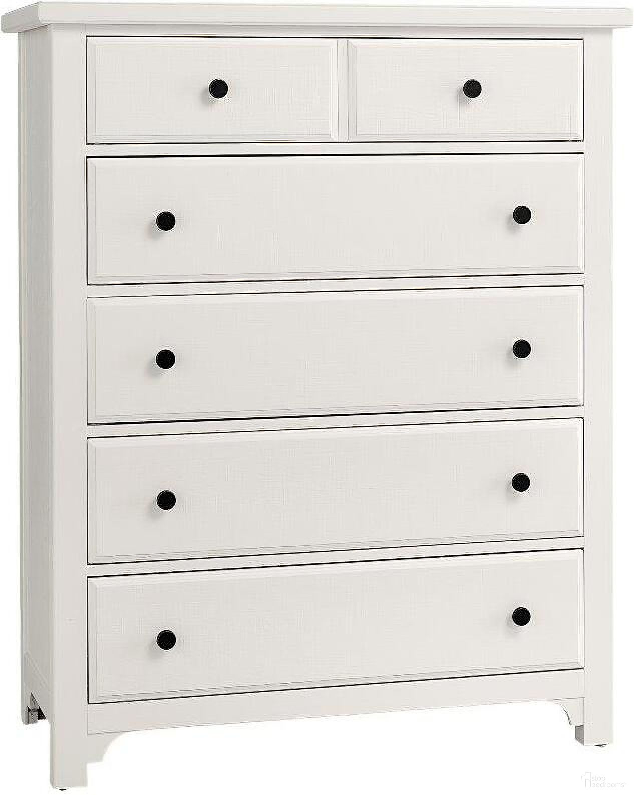 The appearance of Cool Farmhouse 5 Drawer Chest In Soft White designed by Vaughan Bassett in the transitional interior design. This soft white piece of furniture was selected by 1StopBedrooms from Cool Farmhouse Collection to add a touch of cosiness and style into your home. Sku: 804-115. Material: Wood.