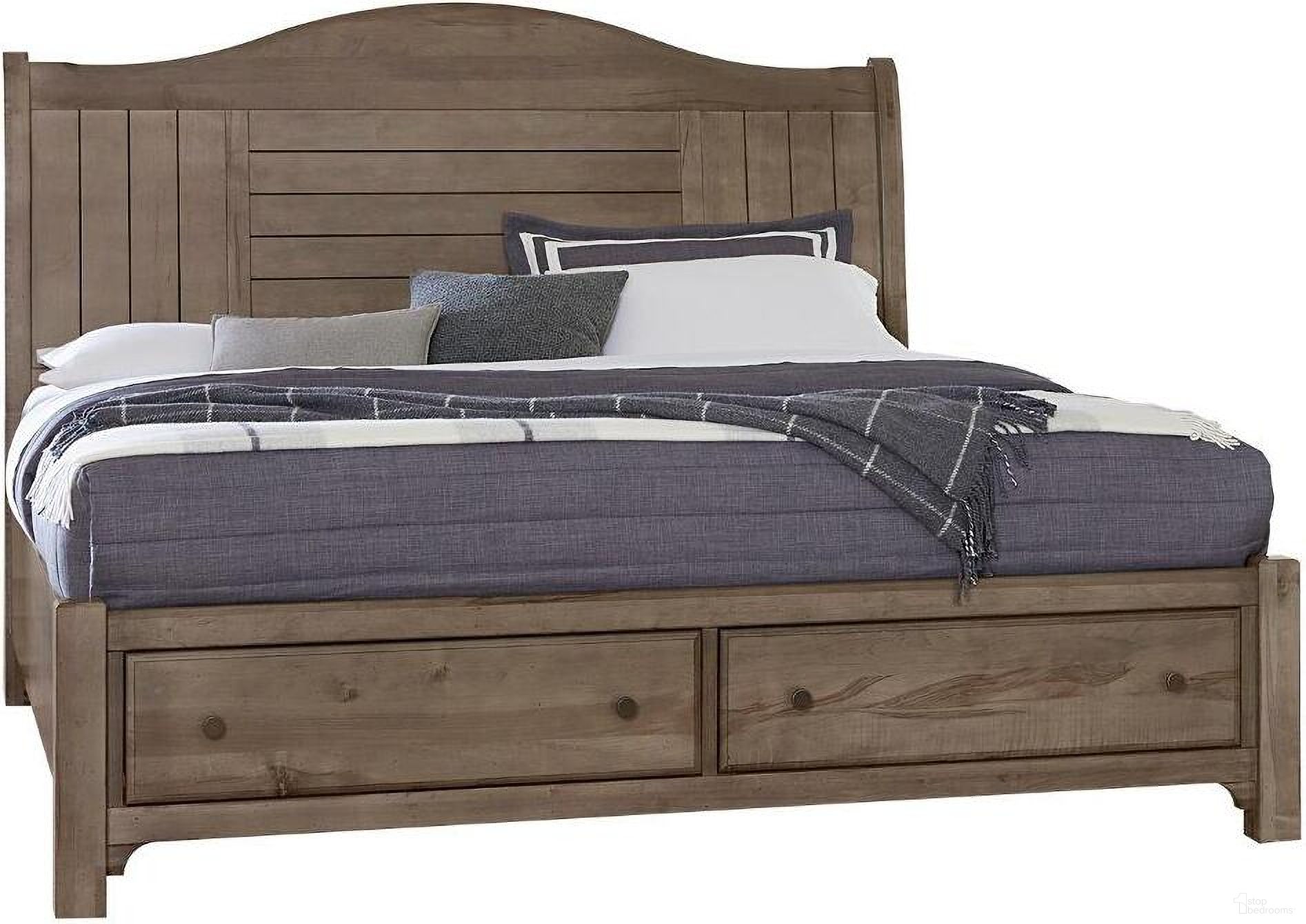 The appearance of Cool Farmhouse King Sleigh Bed With Storage Footboard In Grey designed by Vaughan Bassett in the transitional interior design. This grey piece of furniture was selected by 1StopBedrooms from Cool Farmhouse Collection to add a touch of cosiness and style into your home. Sku: 801-663;801-066B;801-502;TT-666T. Bed Type: Sleigh Bed. Material: Wood. Bed Size: King.