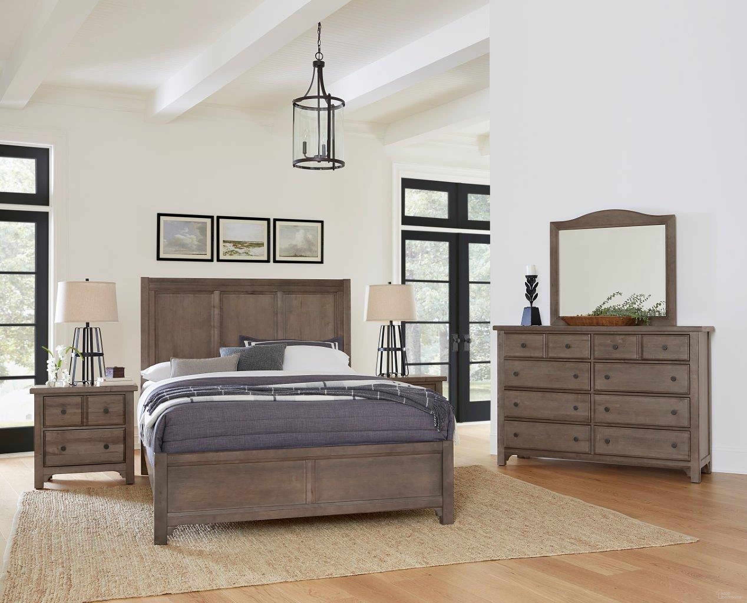 The appearance of Cool Farmhouse Panel Bedroom Set In Grey designed by Vaughan Bassett in the transitional interior design. This grey piece of furniture  was selected by 1StopBedrooms from Cool Farmhouse Collection to add a touch of cosiness and style into your home. Sku: 801-557;801-755;801-922;801-227. Bed Type: Panel Bed. Material: Wood. Bed Size: Queen.
