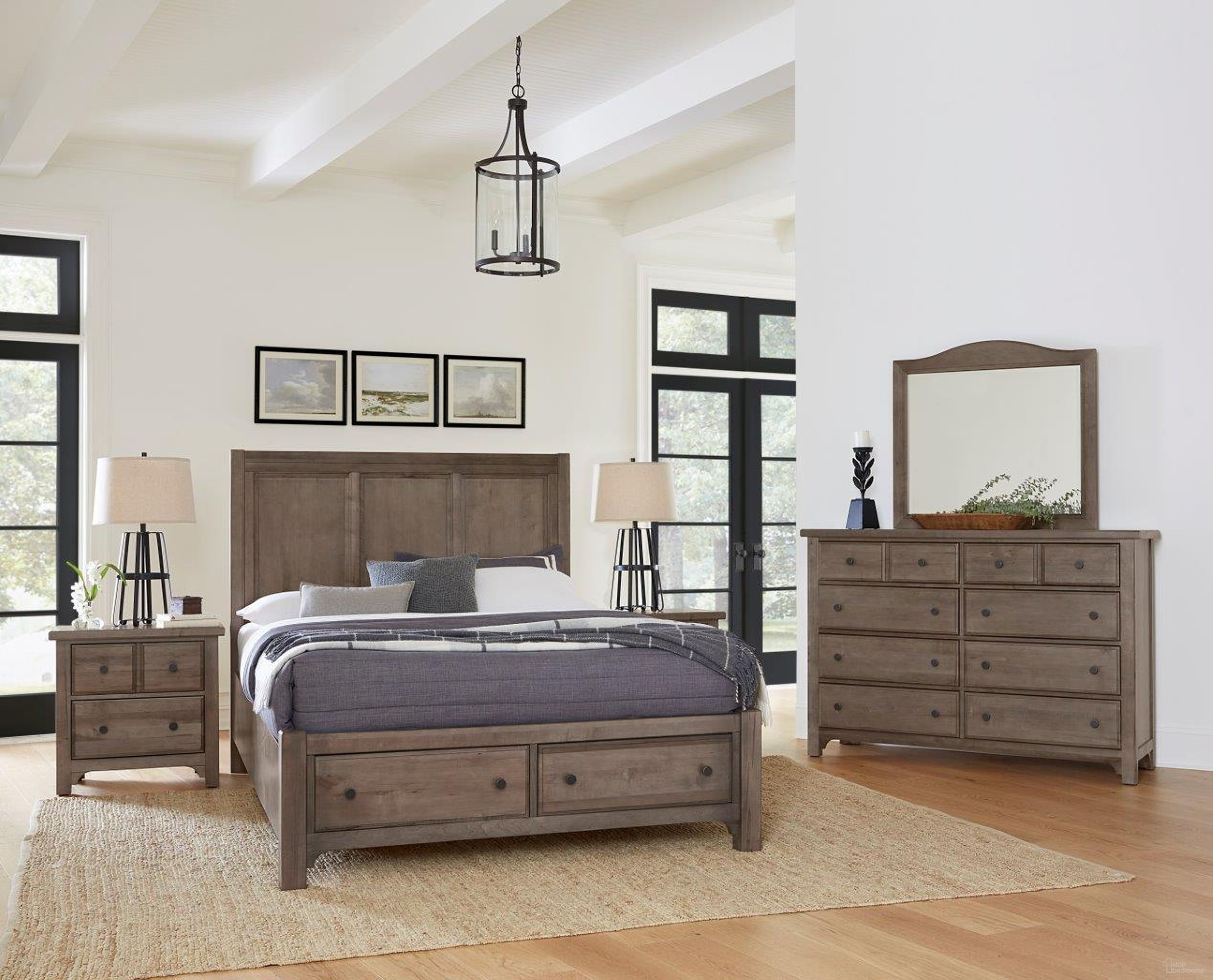 The appearance of Cool Farmhouse Panel Storage Bedroom Set In Grey designed by Vaughan Bassett in the transitional interior design. This grey piece of furniture was selected by 1StopBedrooms from Cool Farmhouse Collection to add a touch of cosiness and style into your home. Sku: 801-557;801-050B;801-502;TT-555T;801-227. Bed Type: Panel Bed. Material: Wood. Bed Size: Queen.