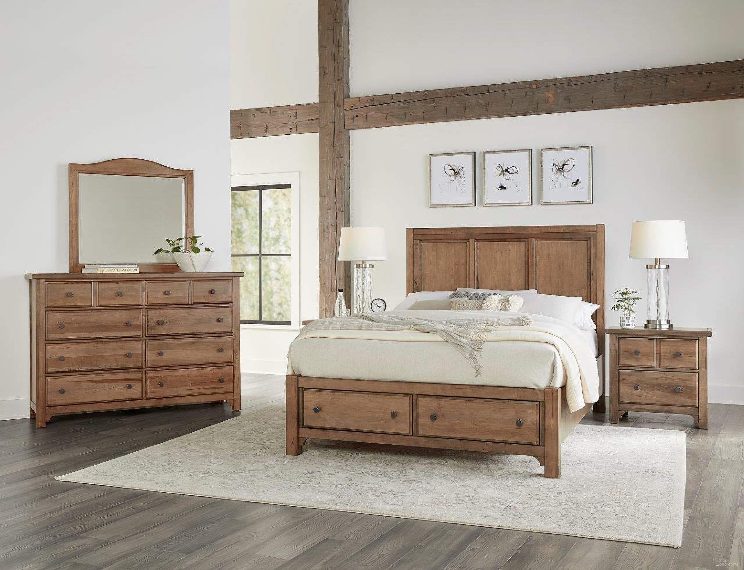 The appearance of Cool Farmhouse Panel Storage Bedroom Set In Natural designed by Vaughan Bassett in the transitional interior design. This natural piece of furniture  was selected by 1StopBedrooms from Cool Farmhouse Collection to add a touch of cosiness and style into your home. Sku: 800-557;800-050B;800-502;TT-555T;800-227. Bed Type: Panel Bed. Material: Wood. Bed Size: Queen.