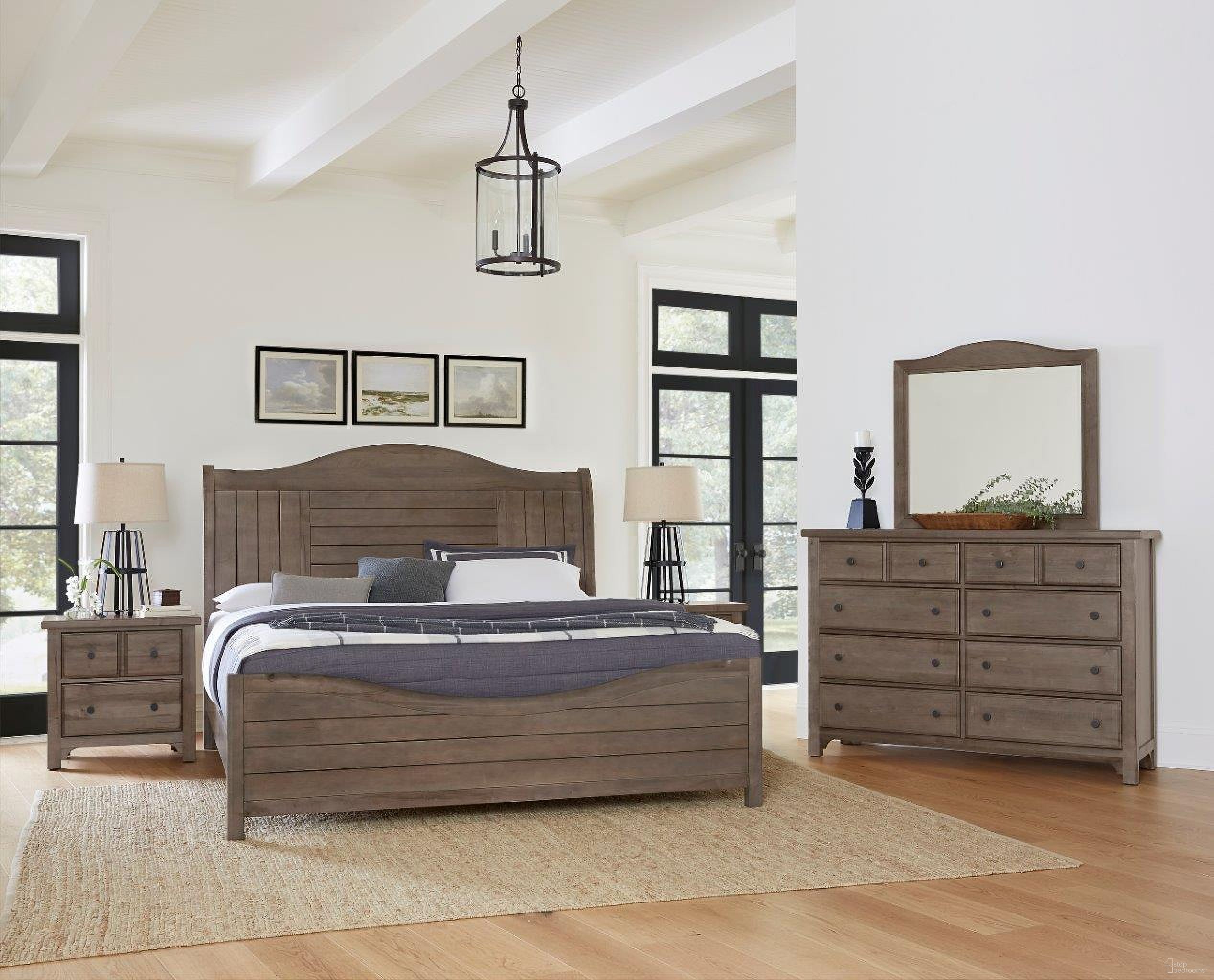 The appearance of Cool Farmhouse Sleigh Bedroom Set In Grey designed by Vaughan Bassett in the transitional interior design. This grey piece of furniture was selected by 1StopBedrooms from Cool Farmhouse Collection to add a touch of cosiness and style into your home. Sku: 801-553;801-355;801-922;801-227. Bed Type: Sleigh Bed. Material: Wood. Bed Size: Queen.