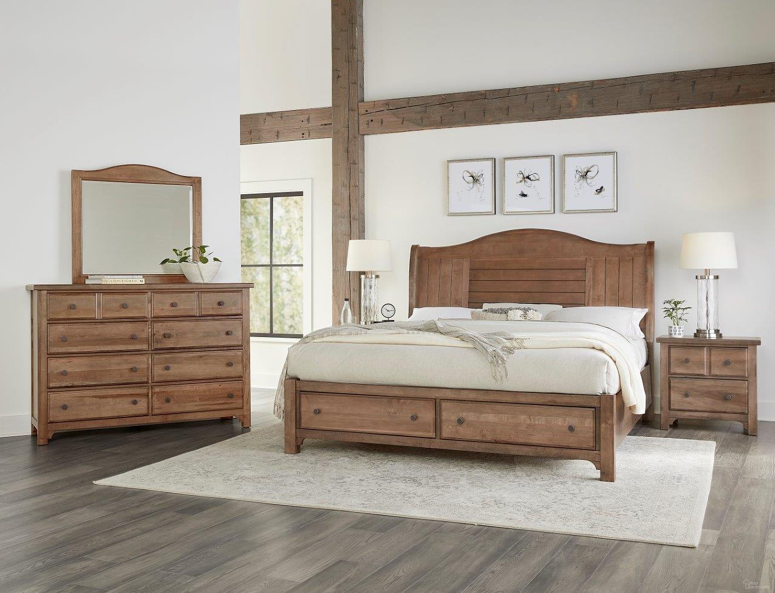 The appearance of Cool Farmhouse Sleigh Storage Bedroom Set In Natural designed by Vaughan Bassett in the transitional interior design. This natural piece of furniture was selected by 1StopBedrooms from Cool Farmhouse Collection to add a touch of cosiness and style into your home. Sku: 800-553;800-050B;800-502;TT-555T;800-227. Bed Type: Sleigh Bed. Material: Wood. Bed Size: Queen.