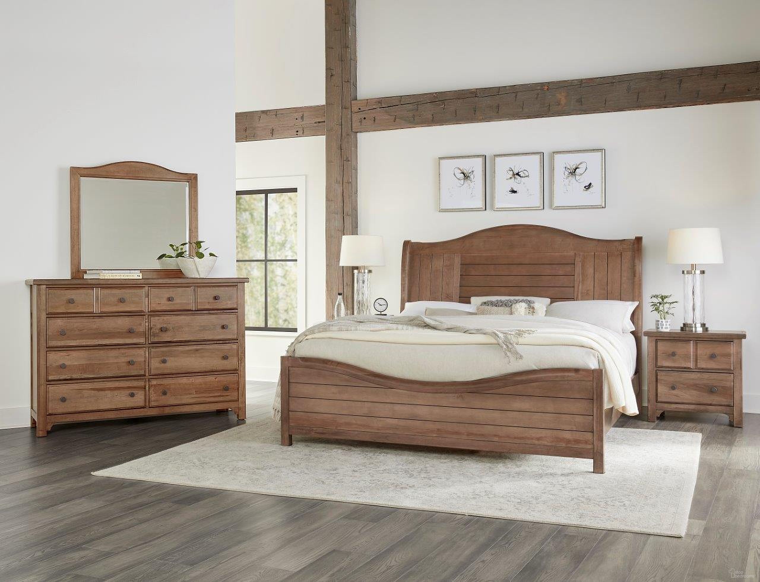 The appearance of Cool Farmhouse Sleigh Bedroom Set In Natural designed by Vaughan Bassett in the transitional interior design. This natural piece of furniture was selected by 1StopBedrooms from Cool Farmhouse Collection to add a touch of cosiness and style into your home. Sku: 800-553;800-355;800-922;800-227. Bed Type: Sleigh Bed. Material: Wood. Bed Size: Queen.