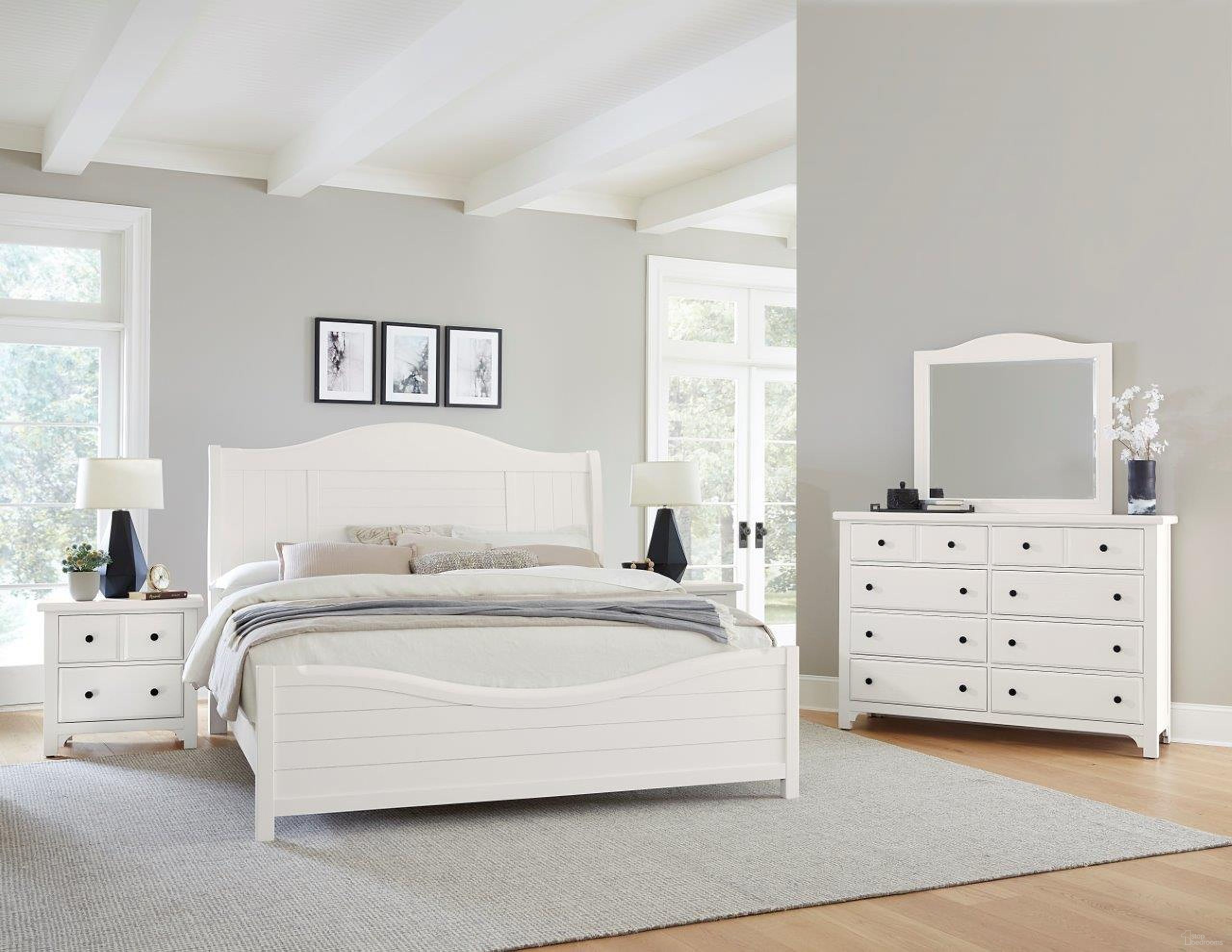 The appearance of Cool Farmhouse Sleigh Bedroom Set In Soft White designed by Vaughan Bassett in the transitional interior design. This soft white piece of furniture was selected by 1StopBedrooms from Cool Farmhouse Collection to add a touch of cosiness and style into your home. Sku: 804-553;804-355;804-922;804-227. Bed Type: Sleigh Bed. Material: Wood. Bed Size: Queen.
