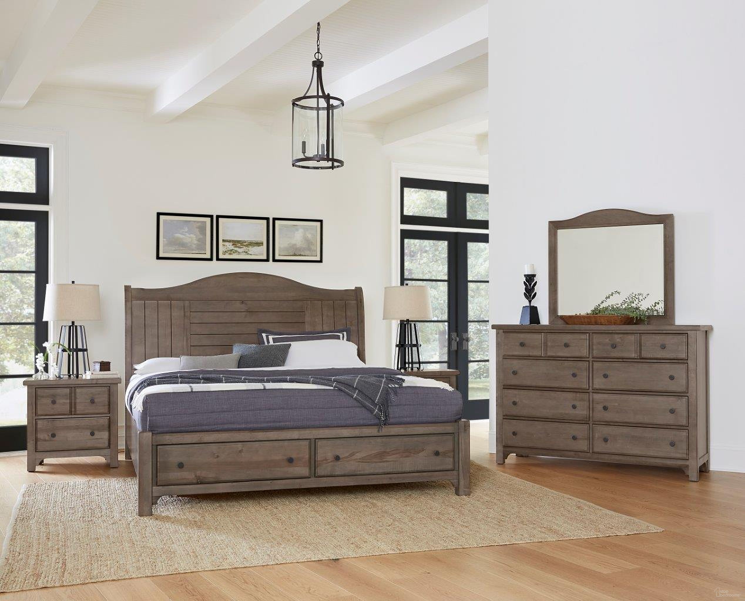 The appearance of Cool Farmhouse Sleigh Storage Bedroom Set In Grey designed by Vaughan Bassett in the transitional interior design. This grey piece of furniture  was selected by 1StopBedrooms from Cool Farmhouse Collection to add a touch of cosiness and style into your home. Sku: 801-553;801-050B;801-502;TT-555T;801-227. Bed Type: Sleigh Bed. Material: Wood. Bed Size: Queen.