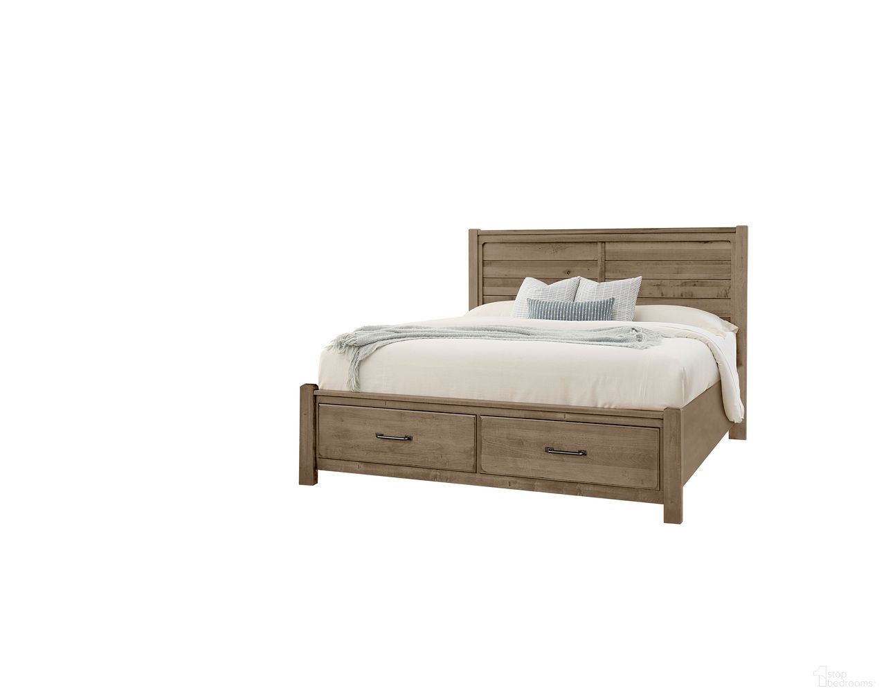 The appearance of Cool Rustic Queen Plank Bed With Footboard Storage In Stone Grey designed by Artisan & Post in the transitional interior design. This stone grey piece of furniture was selected by 1StopBedrooms from Cool Rustic Collection to add a touch of cosiness and style into your home. Sku: 172-558;172-050B;172-502;AP-555T. Bed Type: Storage Bed. Bed Size: Queen. Material: Solid Wood.