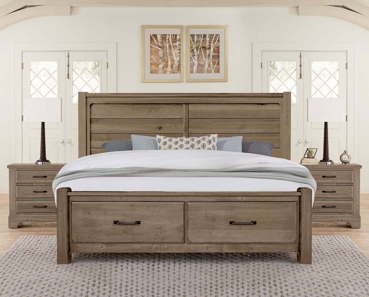 Cool Rustic Queen Plank Footboard Storage Bedroom Set In Stone Grey