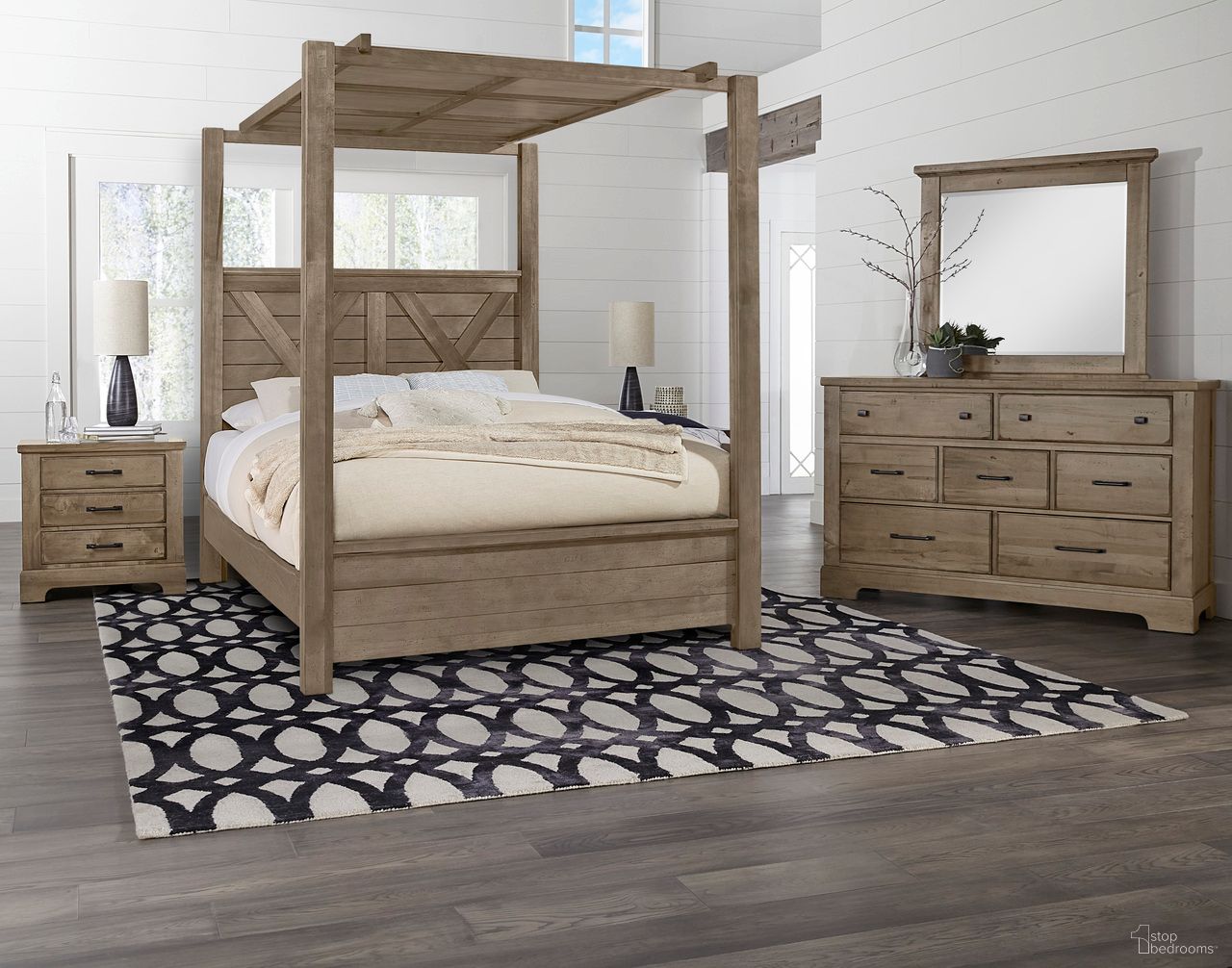 Cool Rustic Wood Panel Canopy Bedroom Set In Stone