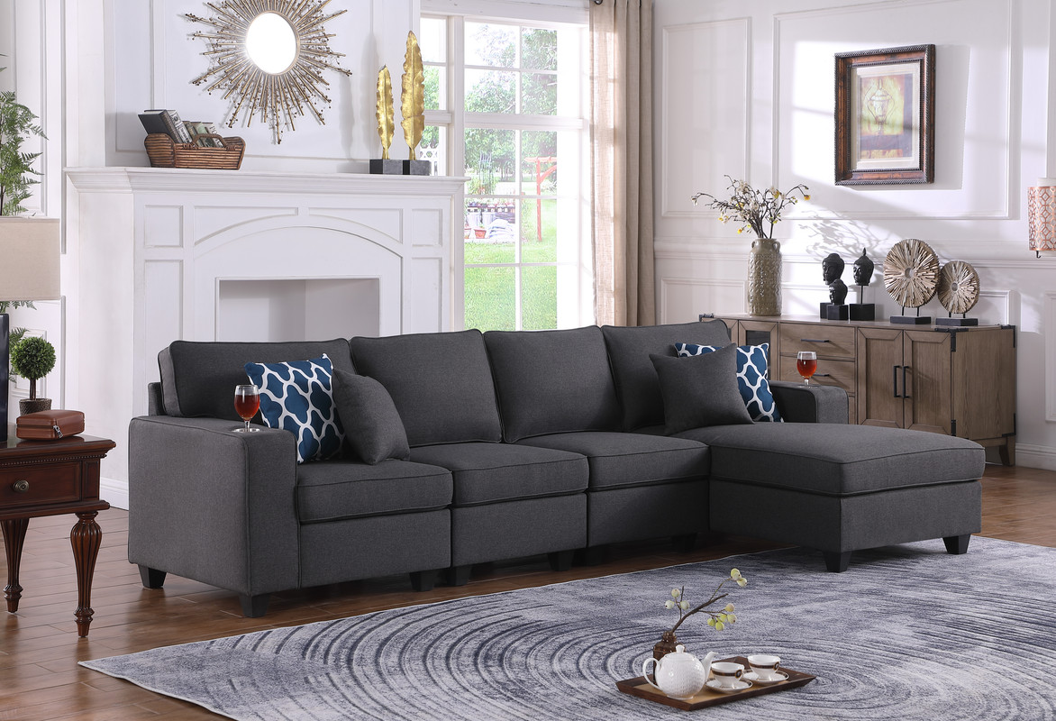 Cooper Dark Gray Linen 4Pc Sectional Sofa Chaise With Cupholder by Lilola  Home