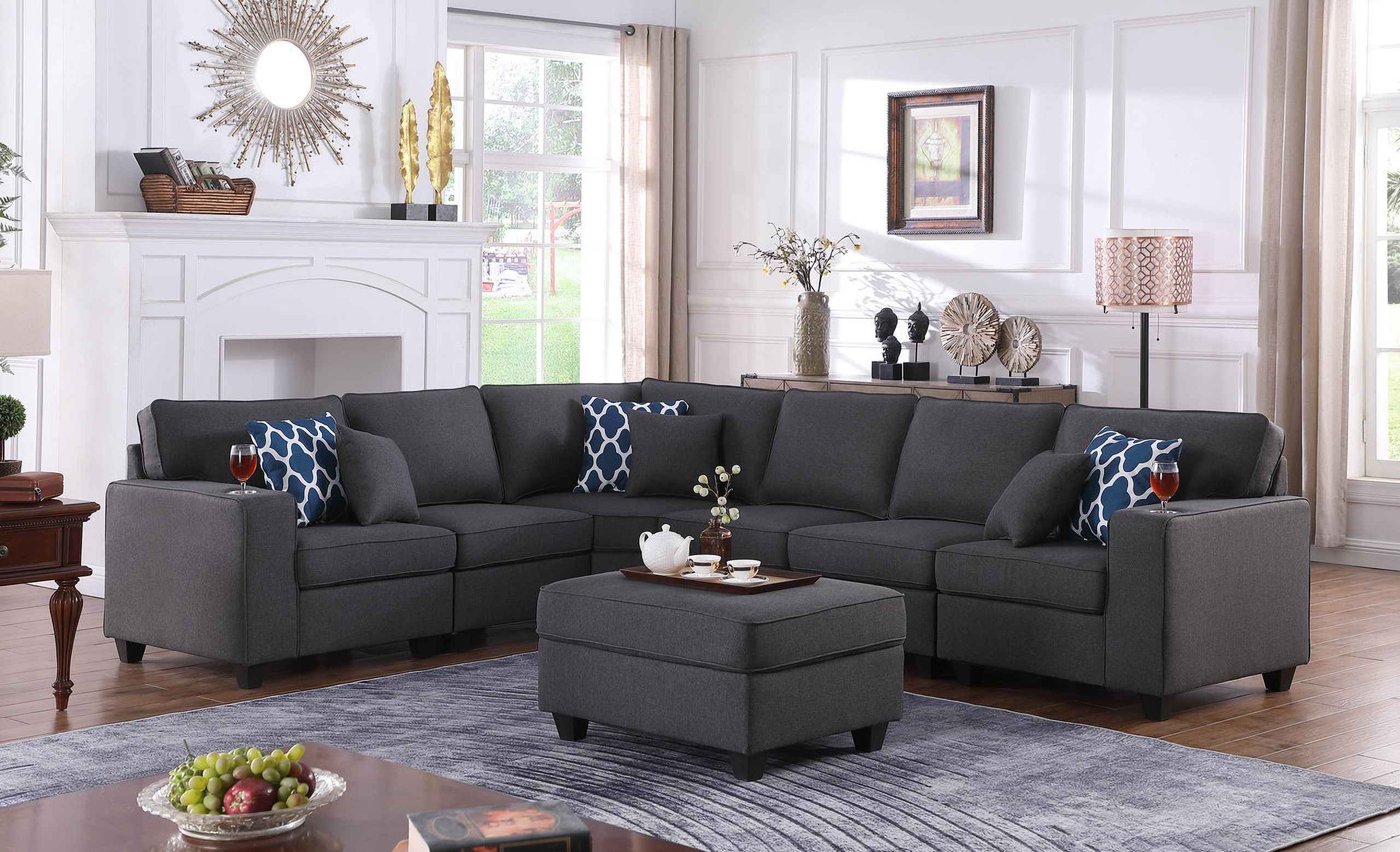 The appearance of Cooper 125 Inch Linen 7 Piece Reversible L Shape Sectional Sofa with Ottoman and Cupholder In Dark Gray designed by Lilola Home in the modern / contemporary interior design. This dark gray piece of furniture was selected by 1StopBedrooms from Cooper Collection to add a touch of cosiness and style into your home. Sku: 89132-A;89132-A;89132-A;89132-C;89132-L;89132-O;89132-R. Material: Linen. Layout: L-Shape.