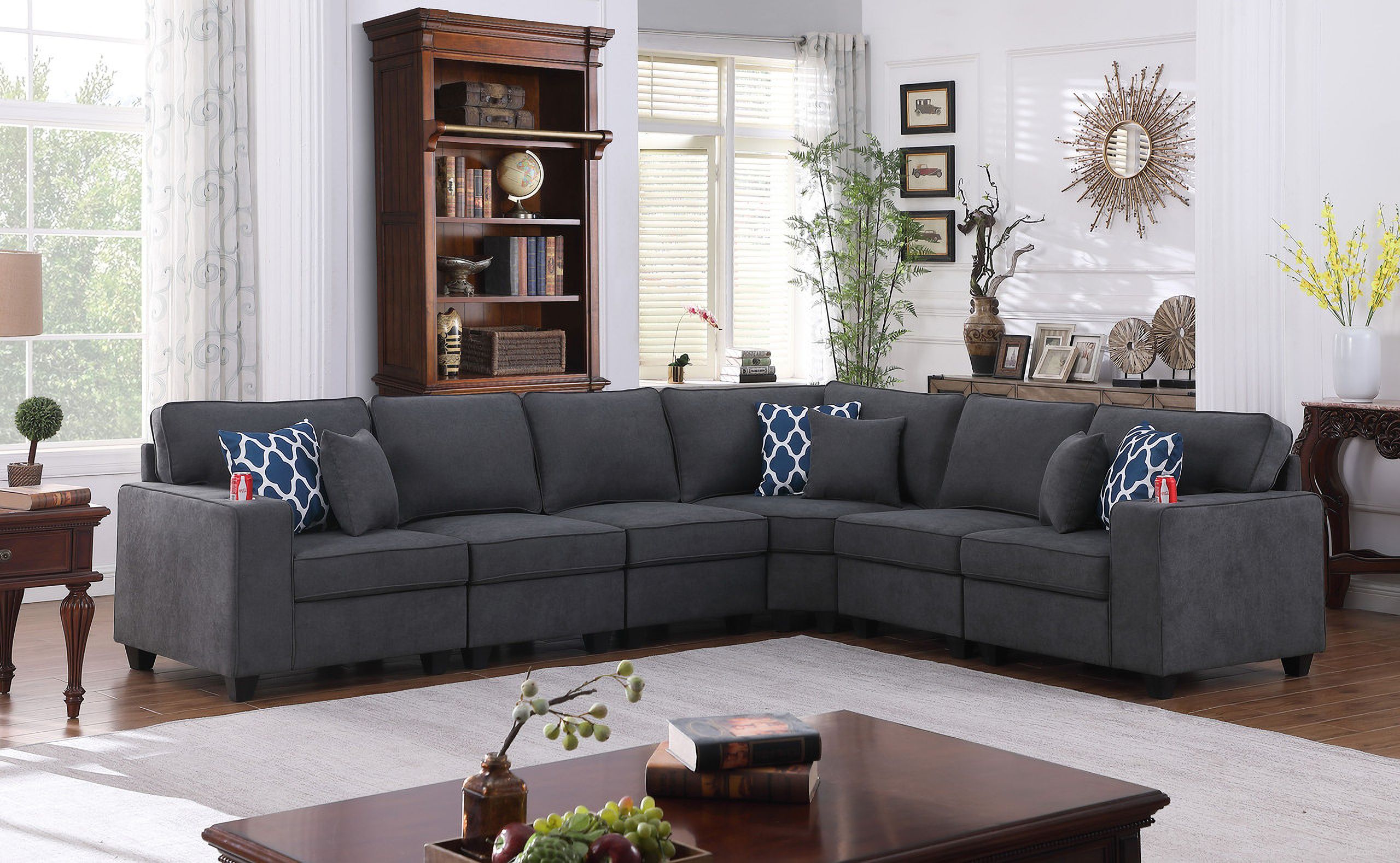 The appearance of Cooper 125 Inch Woven Fabric 6 Piece Reversible L Shape Sectional Sofa with Cupholder In Stone Gray designed by Lilola Home in the modern / contemporary interior design. This stone gray piece of furniture  was selected by 1StopBedrooms from Cooper Collection to add a touch of cosiness and style into your home. Sku: 89133-A;89133-A;89133-A;89133-C;89133-L;89133-R. Material: Fabric. Layout: L-Shape.