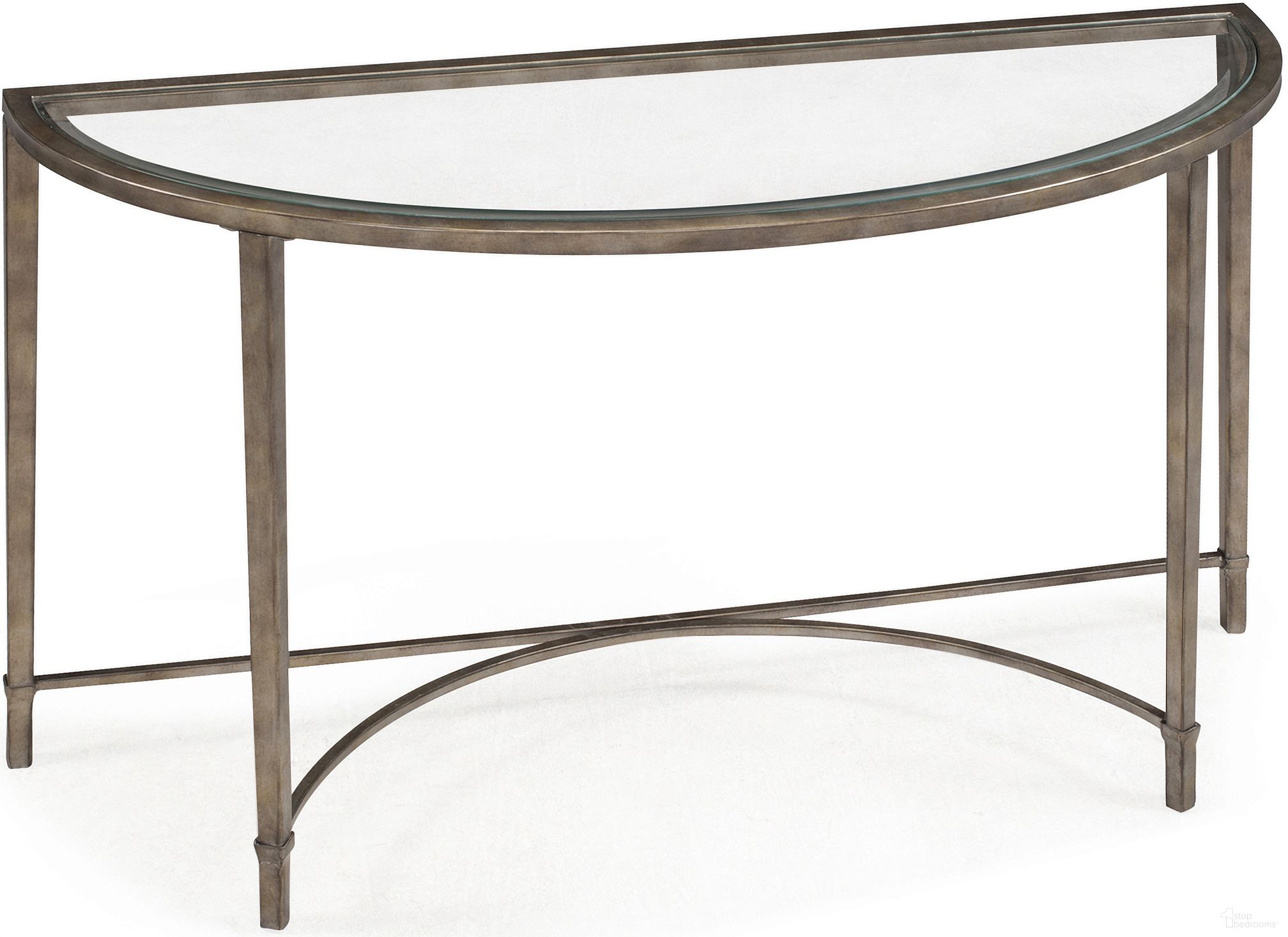 The appearance of Copia Demilune Sofa Table In Antiqued Silver designed by Magnussen in the modern / contemporary interior design. This antiqued silver piece of furniture  was selected by 1StopBedrooms from Copia Collection to add a touch of cosiness and style into your home. Sku: T2114-75. Material: Glass.