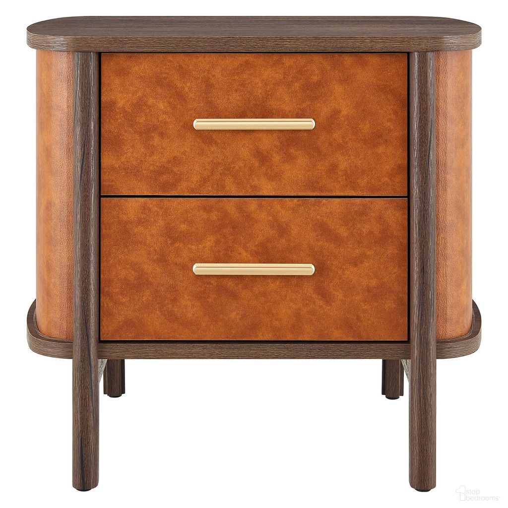 The appearance of Coralie 2-Drawer Curved Vegan Leather Nightstand In Tan and Walnut designed by Modway in the modern / contemporary interior design. This tan and walnut piece of furniture  was selected by 1StopBedrooms from Coralie Collection to add a touch of cosiness and style into your home. Sku: MOD-7237-WAL-TAN. Material: Vegan Leather.
