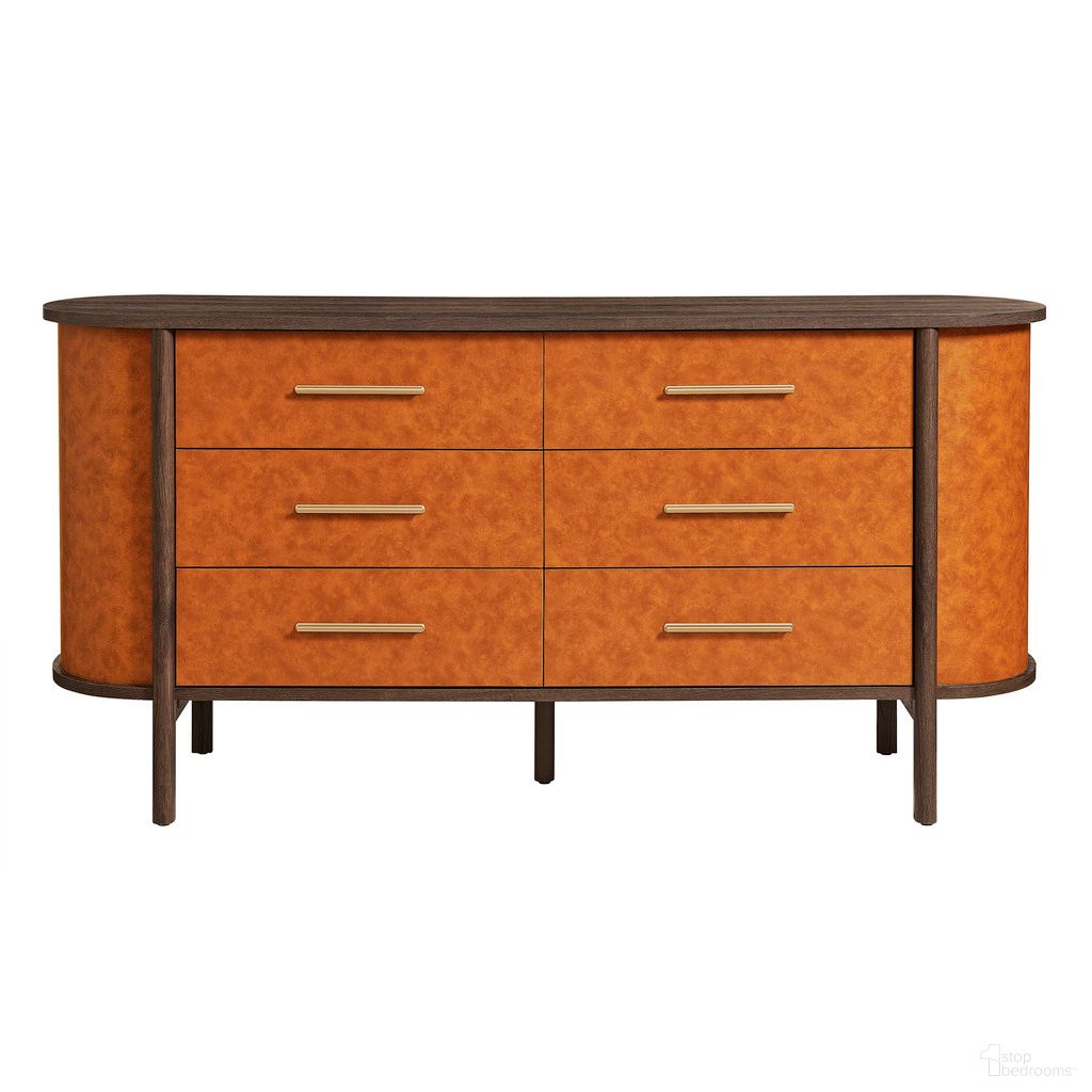 The appearance of Coralie Curved 6-Drawer Vegan Leather Oval Dresser In Tan and Walnut designed by Modway in the modern / contemporary interior design. This tan and walnut piece of furniture was selected by 1StopBedrooms from Coralie Collection to add a touch of cosiness and style into your home. Sku: MOD-7228-WAL-TAN-1;MOD-7228-WAL-TAN-2. Material: Vegan Leather.