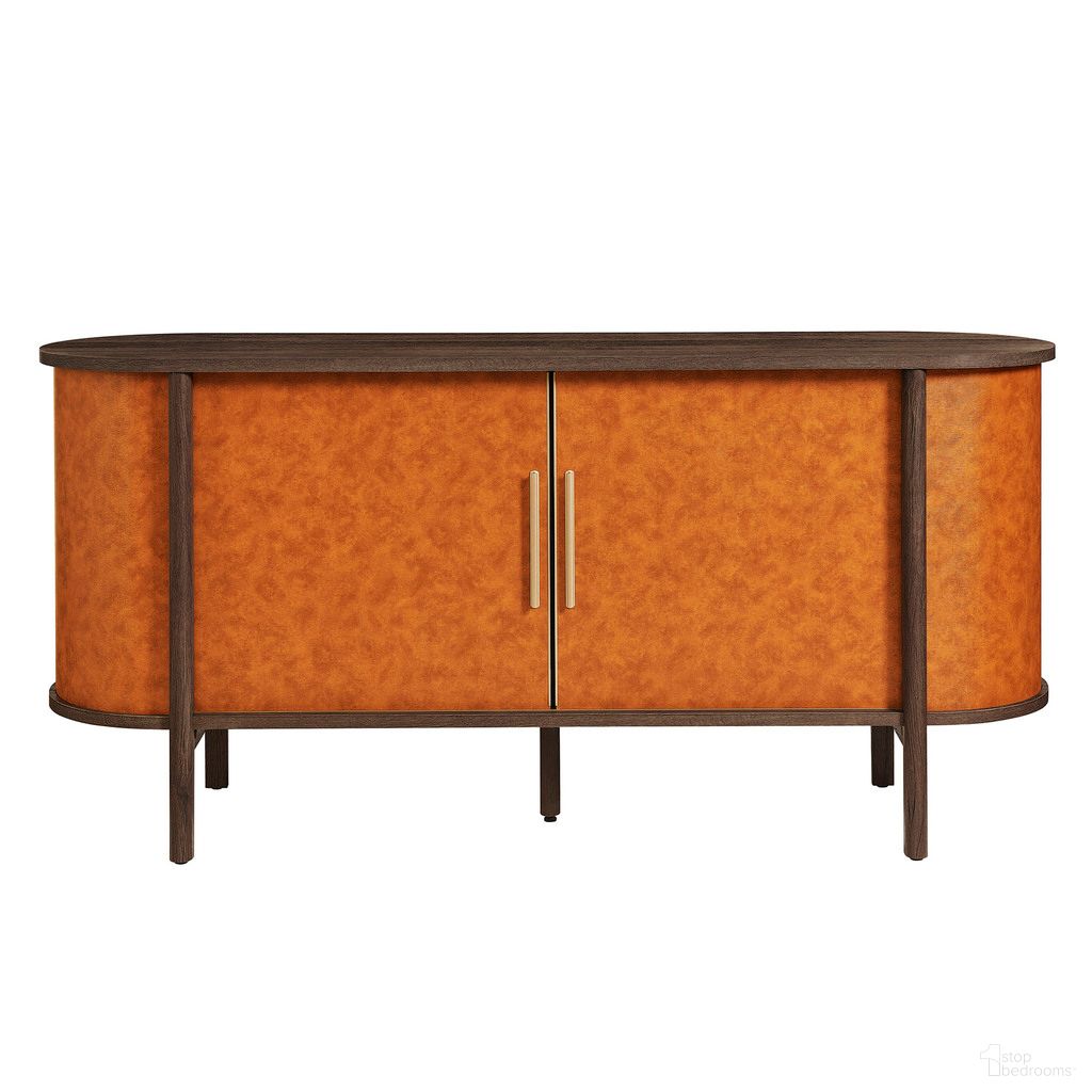 Coralie Curved Vegan Leather Oval Sideboard In Tan and Walnut