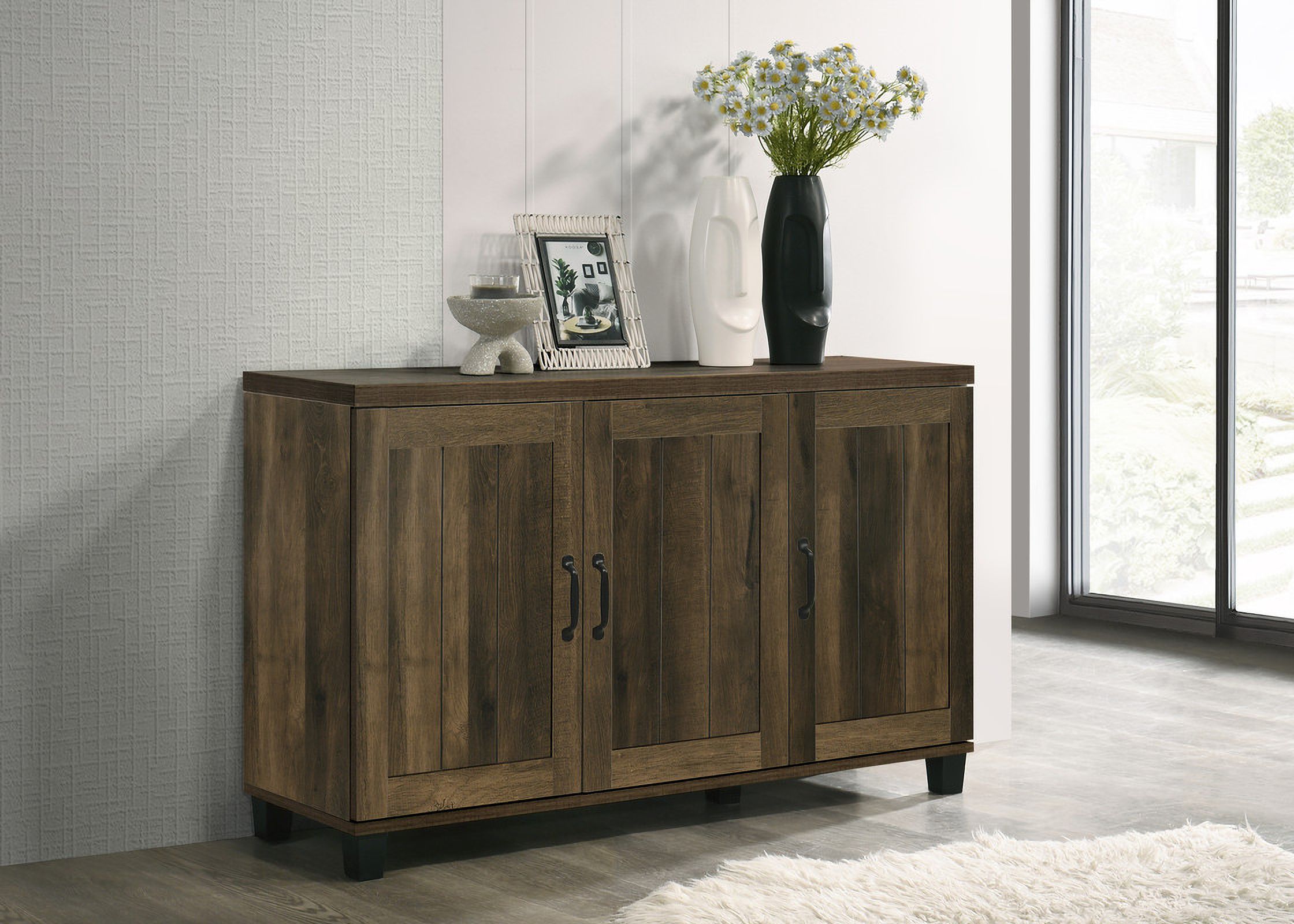 The appearance of Corby 45 Inch 3-Door Shoe Cabinet In Dark Dusty Oak designed by Lilola Home in the modern / contemporary interior design. This dark dusty oak piece of furniture was selected by 1StopBedrooms from Corby Collection to add a touch of cosiness and style into your home. Sku: 97009DK. Material: Particle Board.
