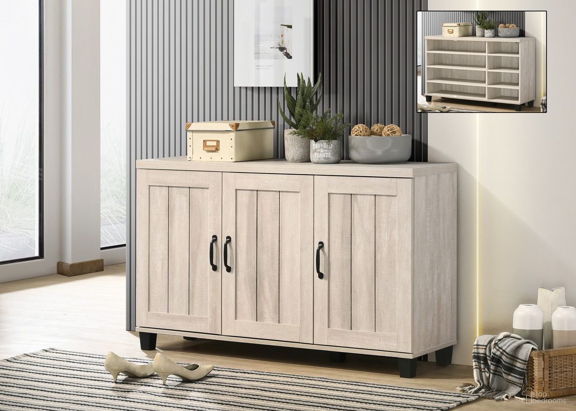 The appearance of Corby 45 Inch 3 Door Shoe Cabinet In Dusty Gray Oak designed by Lilola Home in the modern / contemporary interior design. This dusty gray oak piece of furniture  was selected by 1StopBedrooms from Corby Collection to add a touch of cosiness and style into your home. Sku: 97009. Material: Particle Board.