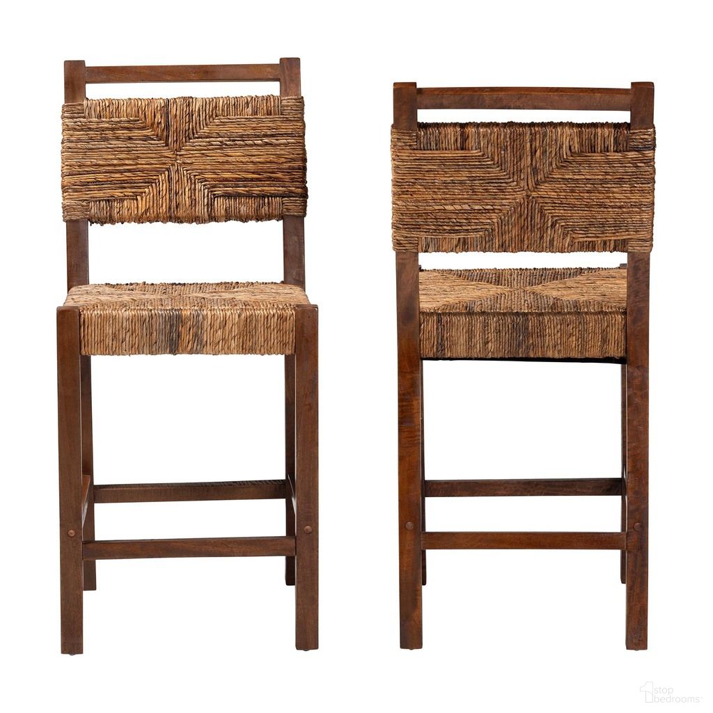 Cordoba and Mahogany Wood 2-Piece Counter Stool Set In Natural Seagrass and Teak