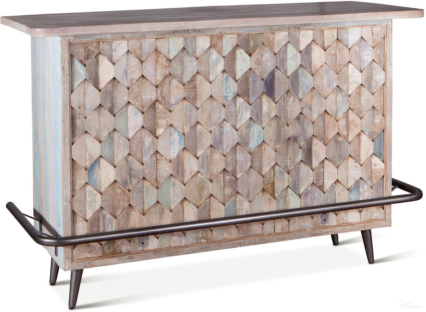 The appearance of Cordoba Bar with Reclaimed Wood In Vintage Teal designed by Home Trends and Design in the coastal interior design. This teal piece of furniture  was selected by 1StopBedrooms from Cordoba Collection to add a touch of cosiness and style into your home. Sku: ZWCDB-BAR. Material: Teak Wood.