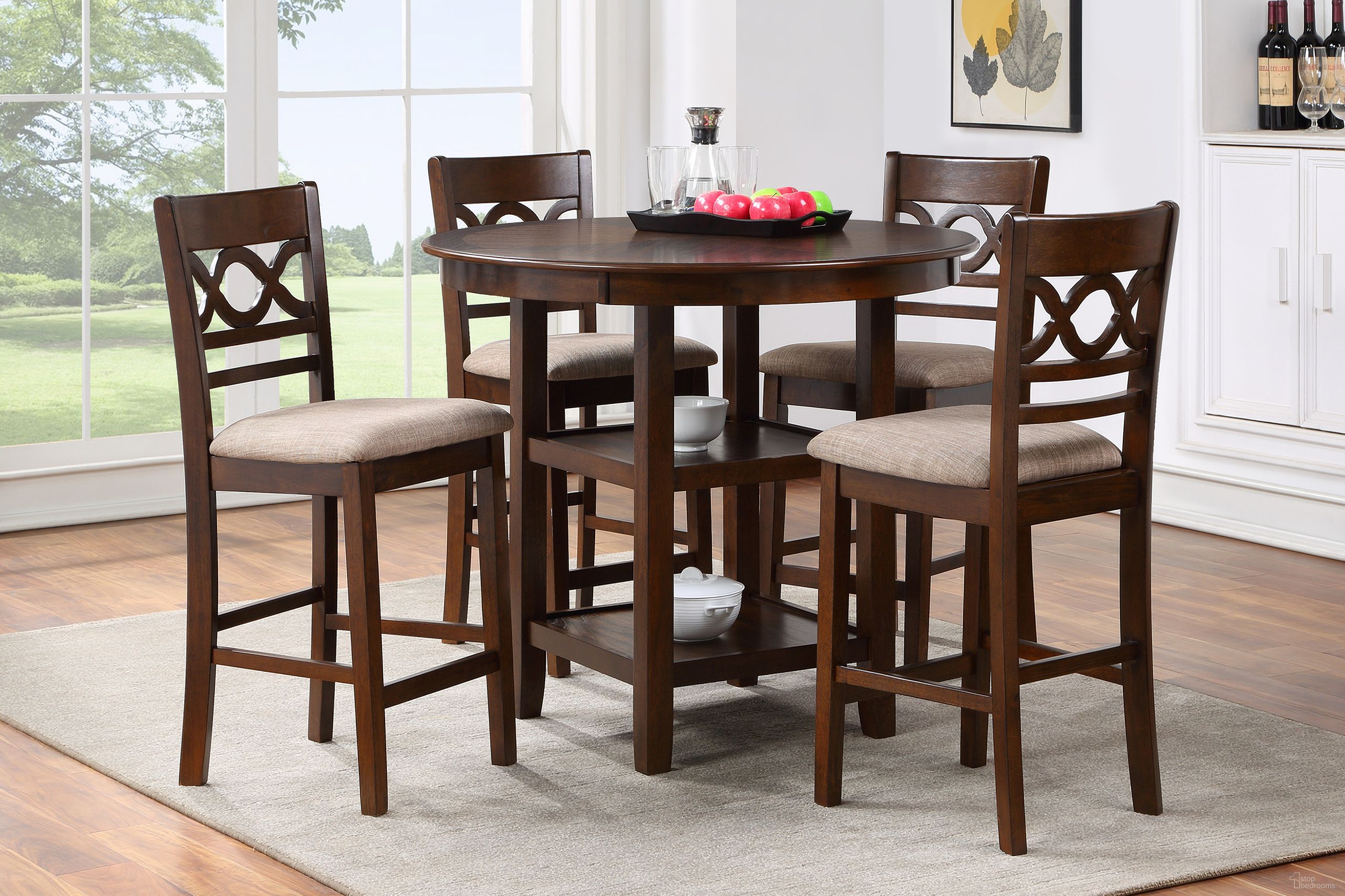 The appearance of Cori 5 Piece Counter Table Set In Brown Cherry designed by New Classic in the transitional interior design. This cherry piece of furniture was selected by 1StopBedrooms from Cori Collection to add a touch of cosiness and style into your home. Sku: D1719-52S-CHY. Material: Wood.