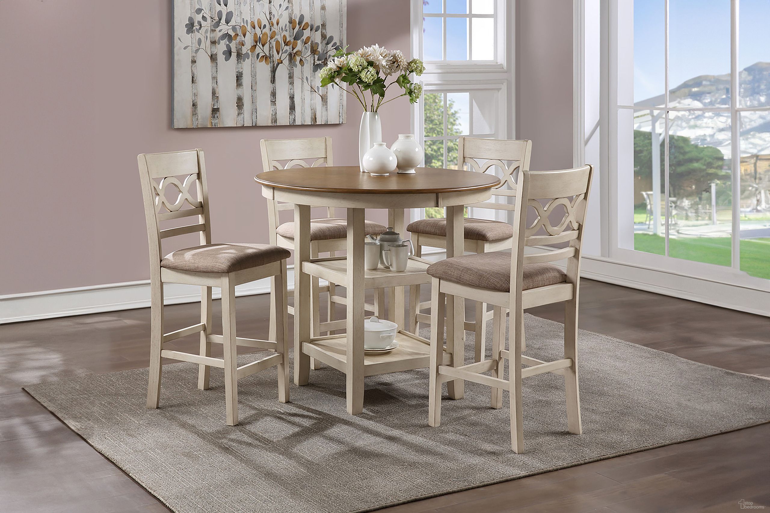 The appearance of Cori Counter 5 Piece Set In Bisque and Brown designed by New Classic in the transitional interior design. This bisque piece of furniture was selected by 1StopBedrooms from Cori Collection to add a touch of cosiness and style into your home. Sku: D1719-52S-BSQ. Material: Wood.