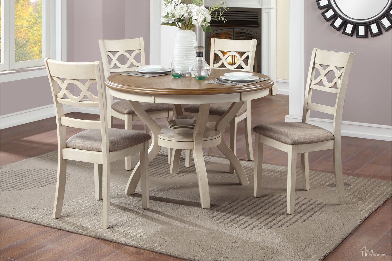 The appearance of Cori Round Dining 5 Pc Set In Bisque and Brown designed by New Classic in the transitional interior design. This bisque piece of furniture was selected by 1StopBedrooms from Cori Collection to add a touch of cosiness and style into your home. Sku: D1719-50S-BSQ. Material: Wood.