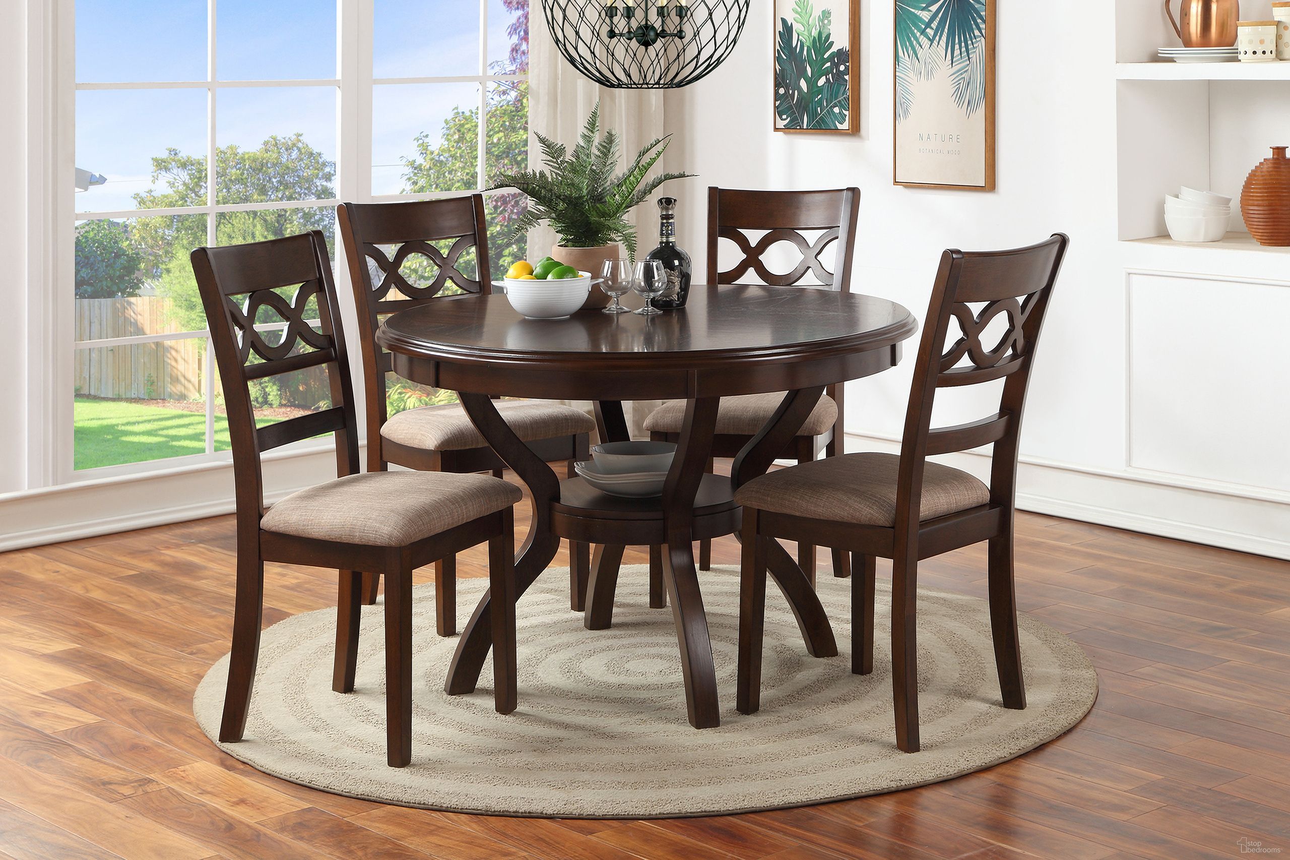 The appearance of Cori Round Dining 5 Piece Set In Brown Cherry designed by New Classic in the transitional interior design. This cherry piece of furniture was selected by 1StopBedrooms from Cori Collection to add a touch of cosiness and style into your home. Sku: D1719-50S-CHY. Material: Wood.