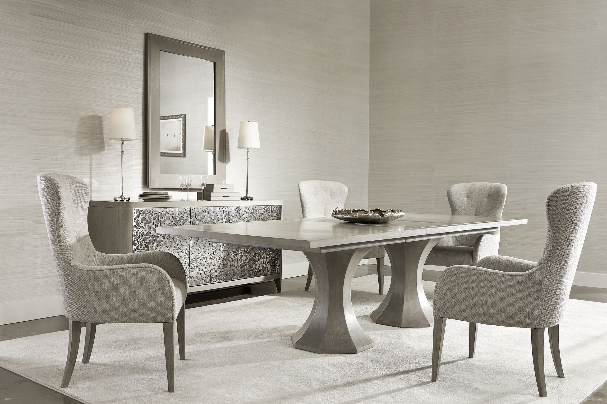 The appearance of Cornelia Dining Room Set designed by Bernhardt in the traditional interior design. This nebbia piece of furniture was selected by 1StopBedrooms from Cornelia Collection to add a touch of cosiness and style into your home. Sku: 331242;331244;331542. Table Base Style: Double Pedestal. Material: Metal. Table Top Shape: Rectangular. Size: 44" x 89".
