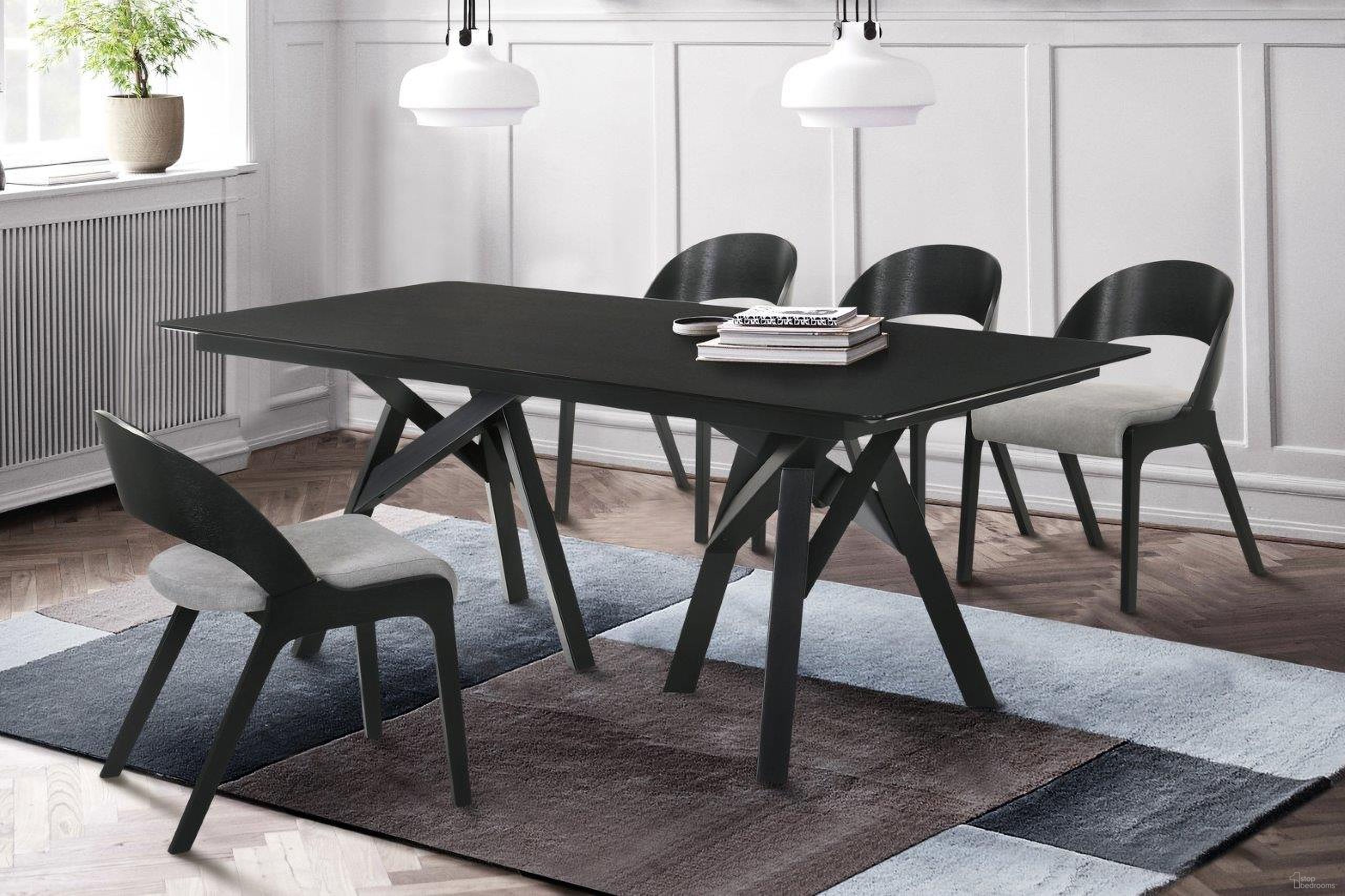 The appearance of Cortina And Polly 5 Piece Black Rectangular Dining Set designed by Armen Living in the transitional interior design. This black piece of furniture  was selected by 1StopBedrooms from Cortina Collection to add a touch of cosiness and style into your home. Sku: LCCODIBLBX1;LCCODIBLBX2;LCPLSIGRBL;LCPLSIGRBL. Material: Rubberwood.
